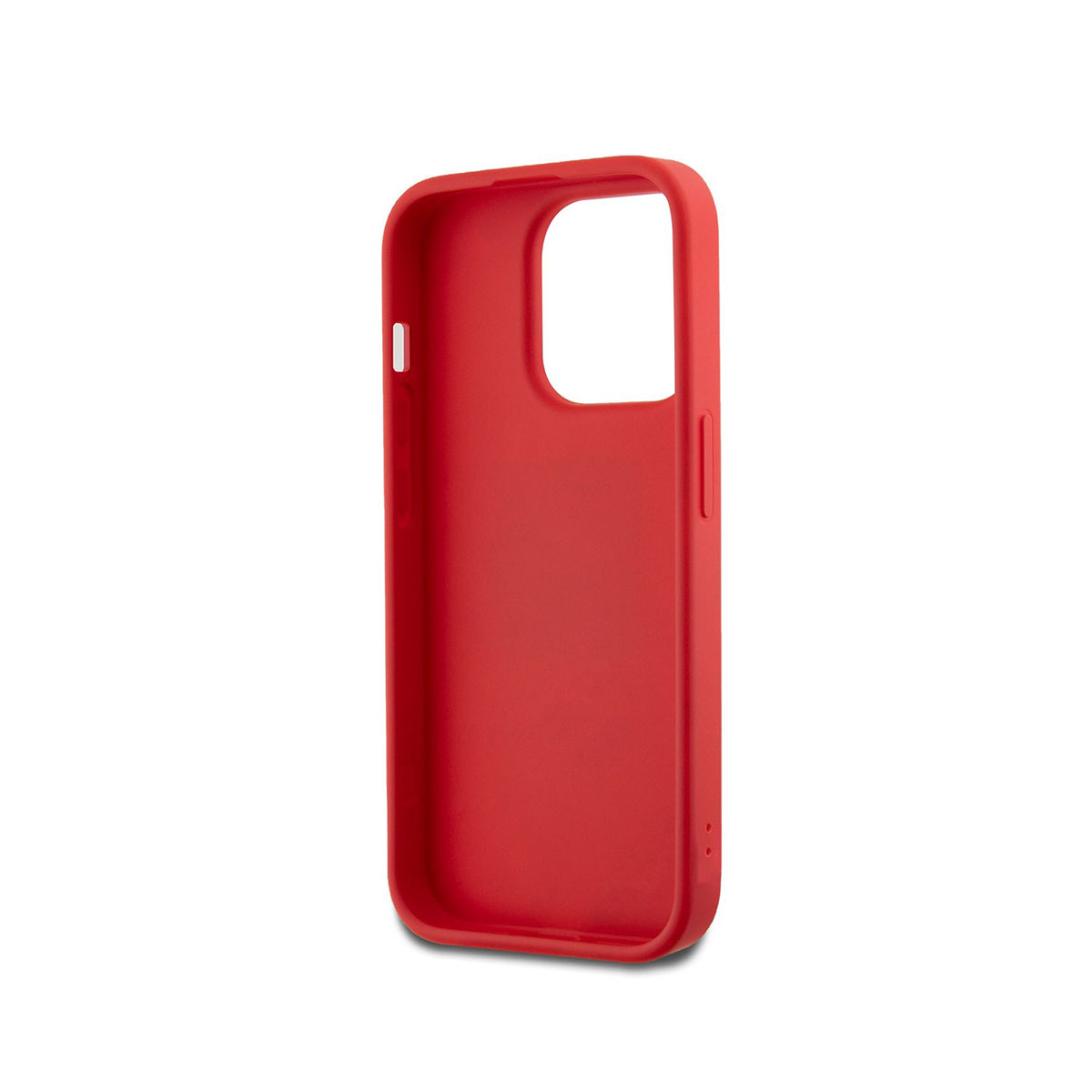 Una custodia per telefono rosso vibrante su sfondo bianco. La custodia presenta aperture per la fotocamera e i pulsanti.