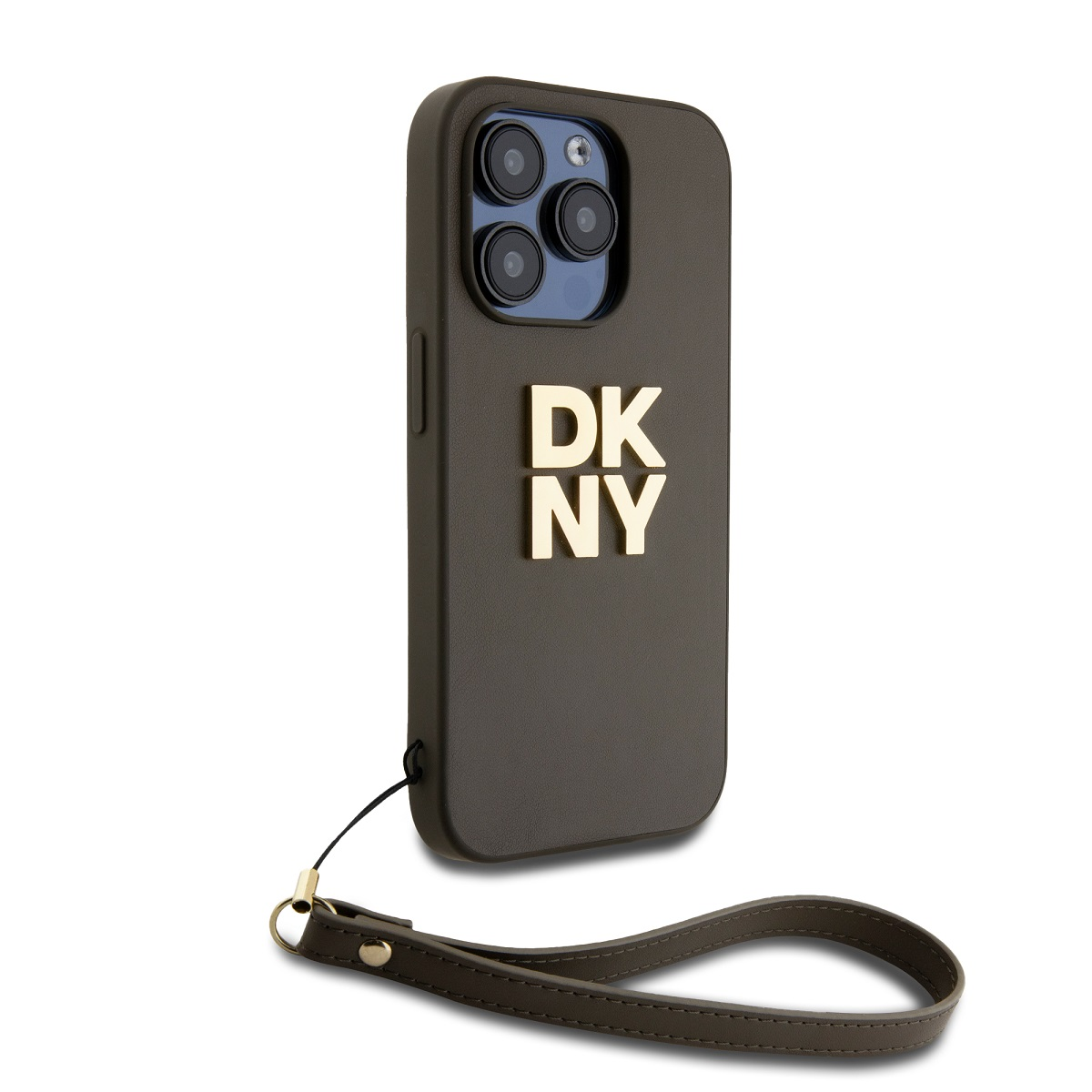 Uno smartphone in una custodia grigio scuro con le lettere dorate DKNY. Ha un cinturino. Il telefono ha tre fotocamere.