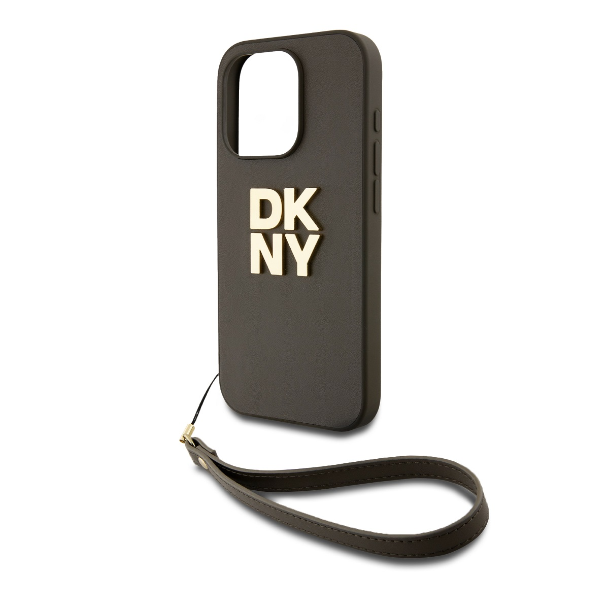 Una custodia per telefono grigio scuro con lettere dorate 'DKNY'. Ha un cinturino da polso attaccato. Lo sfondo è bianco.