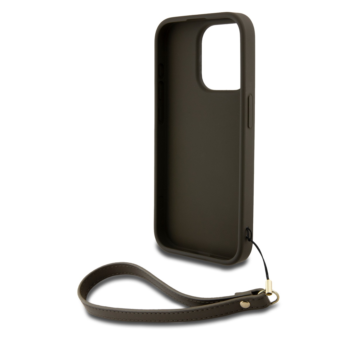 Una custodia per telefono verde scuro con cinturino da polso. La custodia ha un ritaglio per la fotocamera e il cinturino è attaccato con un anello dorato.