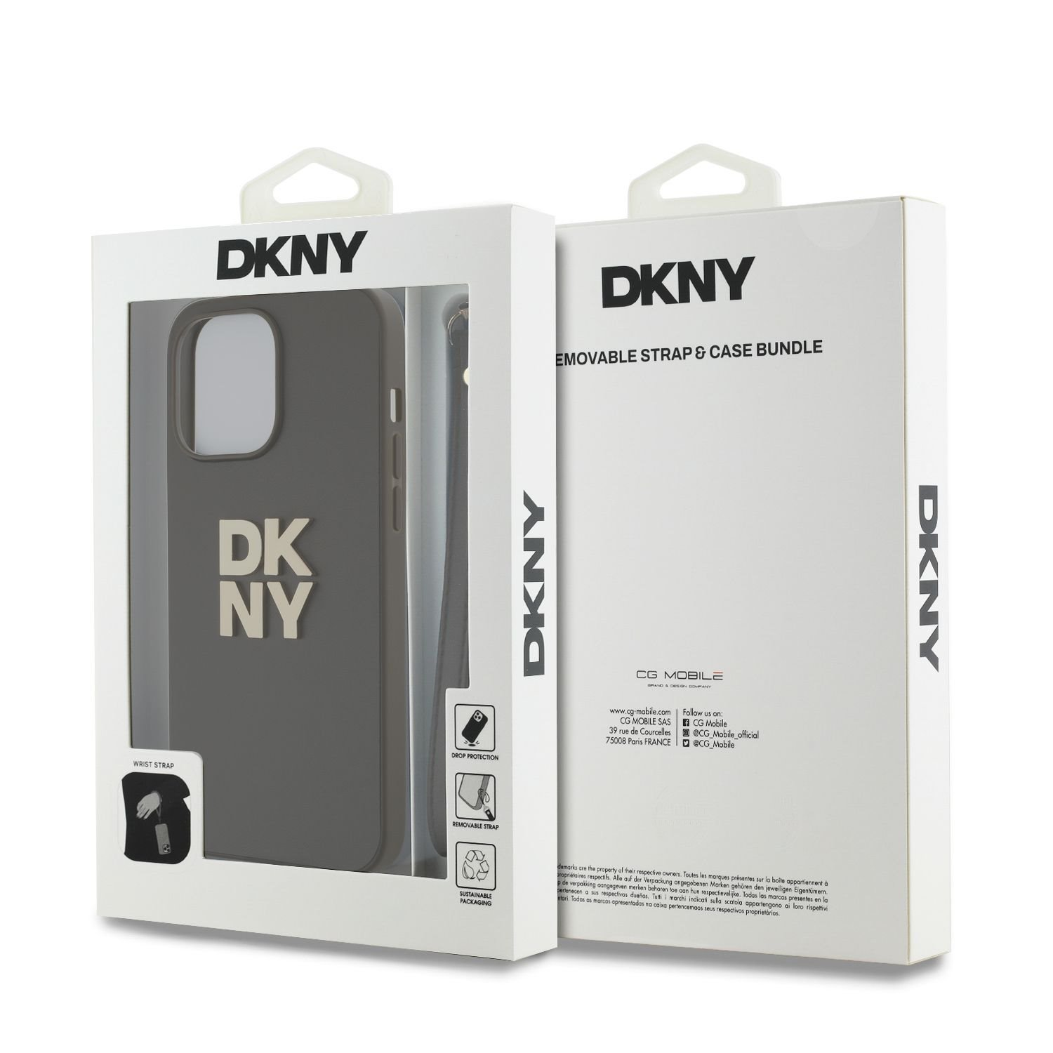 Pacchetto custodia per telefono DKNY. La confezione mostra una custodia, un cinturino da polso e caratteristiche come la protezione dalle cadute e l'imballaggio sostenibile.