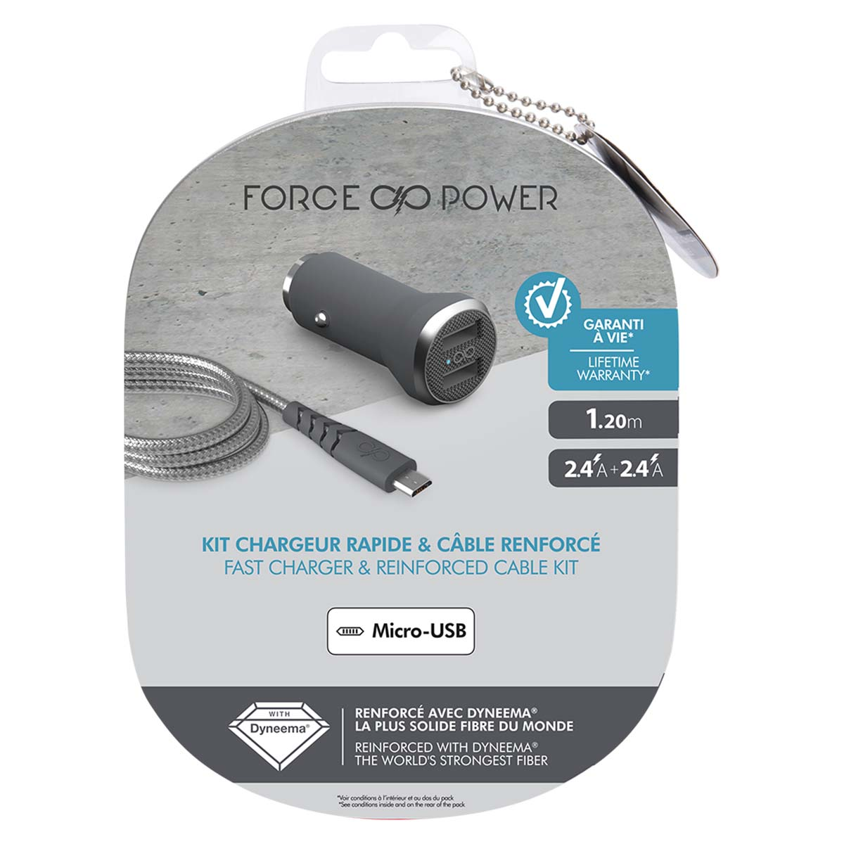 Un cargador de coche gris y un cable USB plateado. El embalaje incluye 'FORCE POWER', 'Micro-USB' y detalles de garantía.