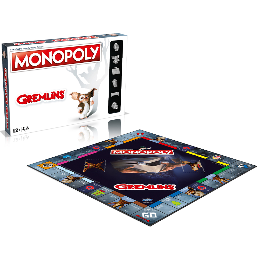 Ein Gremlins Monopoly-Spielkarton und -Brett. Das Brett zeigt Gremlins-Bilder. Die Box zeigt den Spielnamen und einen Gremlin-Charakter.