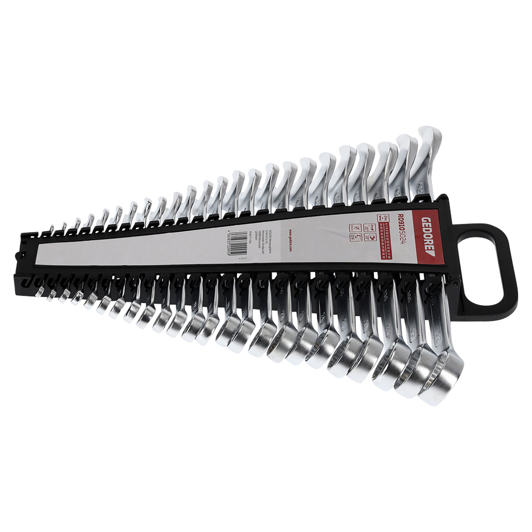 Ein Satz silberner Schraubenschlüssel in einem schwarzen Halter, nach Größe geordnet. Der Halter hat einen schwarzen Griff und ein Logo.