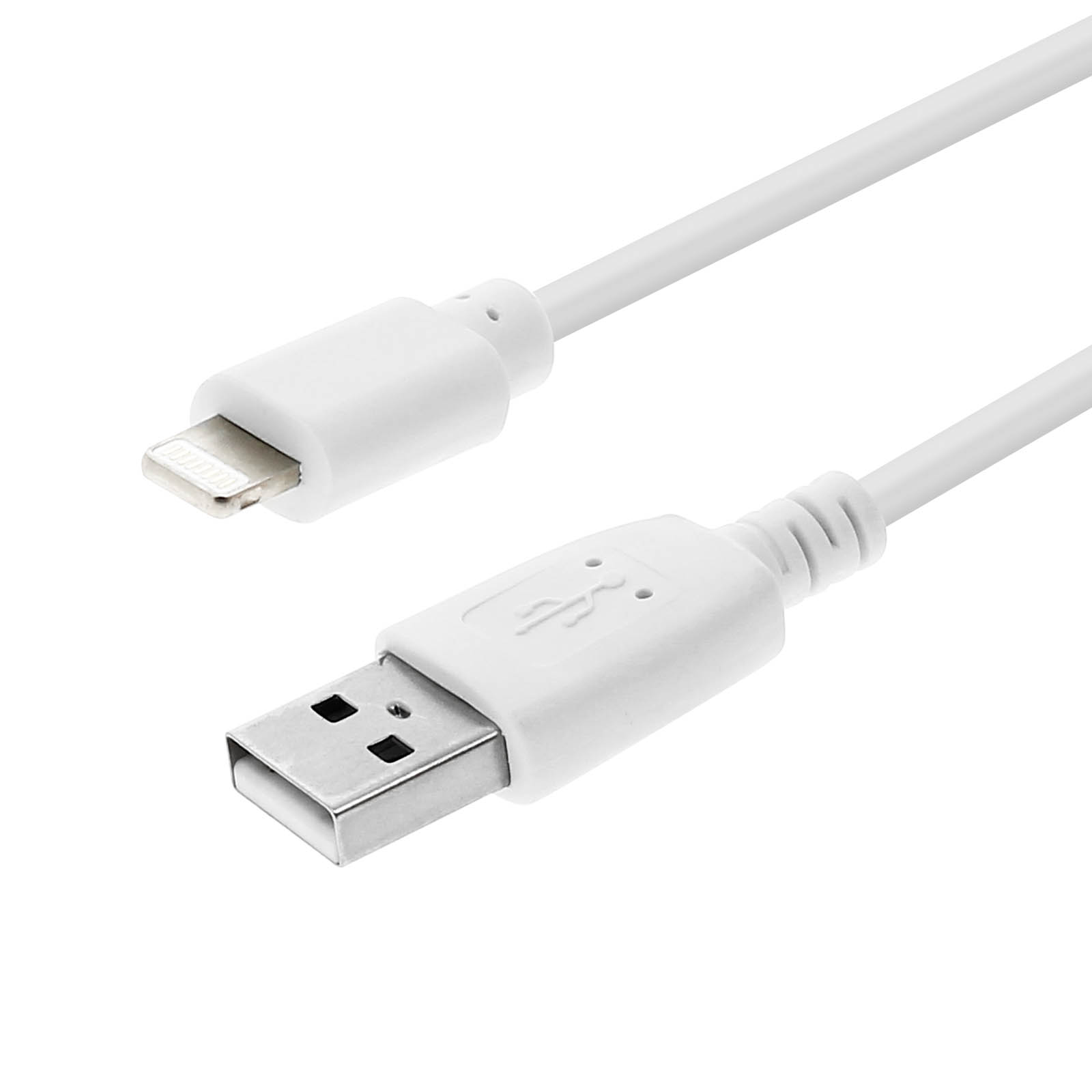 Un câble USB vers Lightning blanc. Le connecteur Lightning est à gauche, USB à droite. Fond blanc.