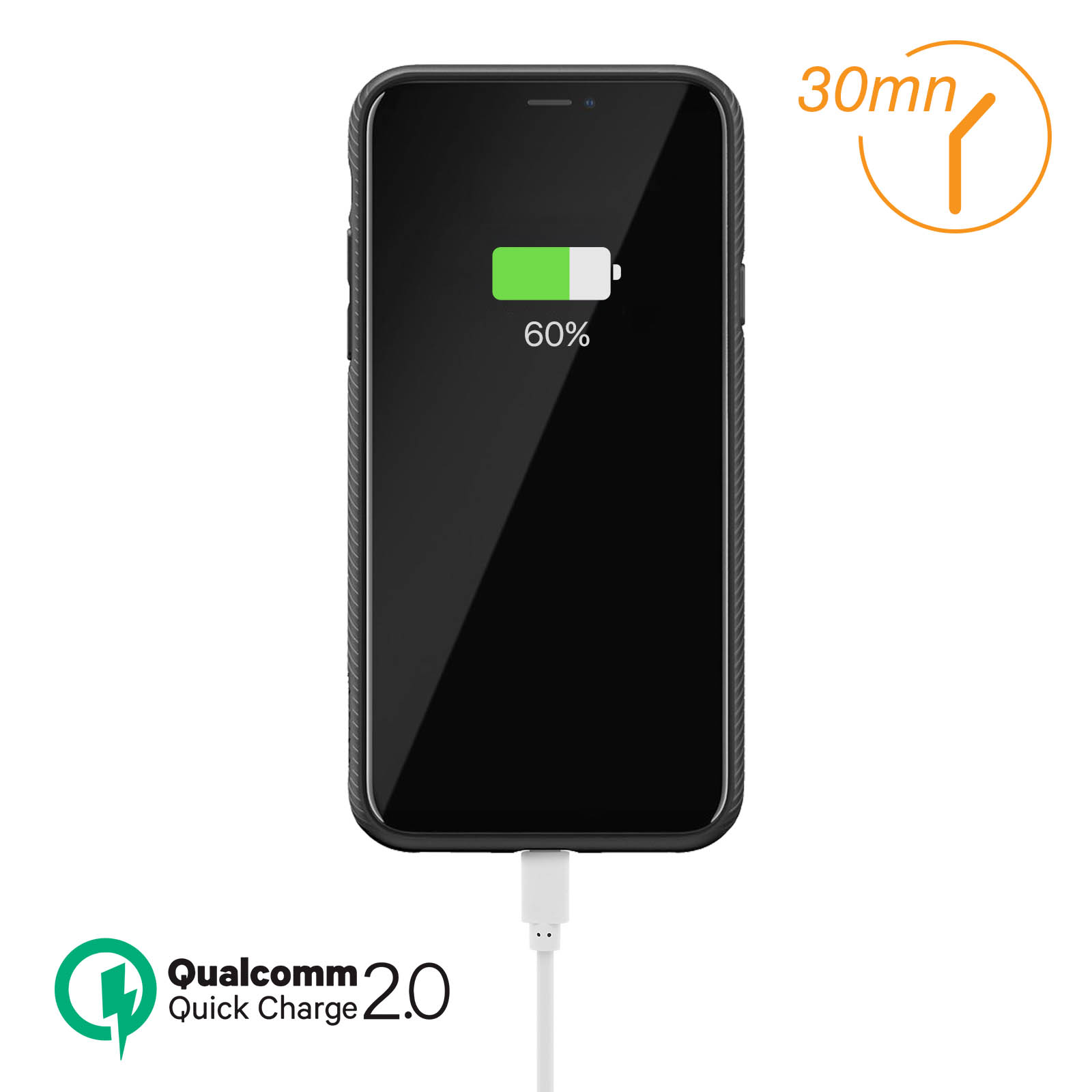 Un smartphone noir en charge, avec une icône de batterie à 60% sur l'écran. Une icône de minuterie de 30 minutes et le logo Qualcomm Quick Charge.