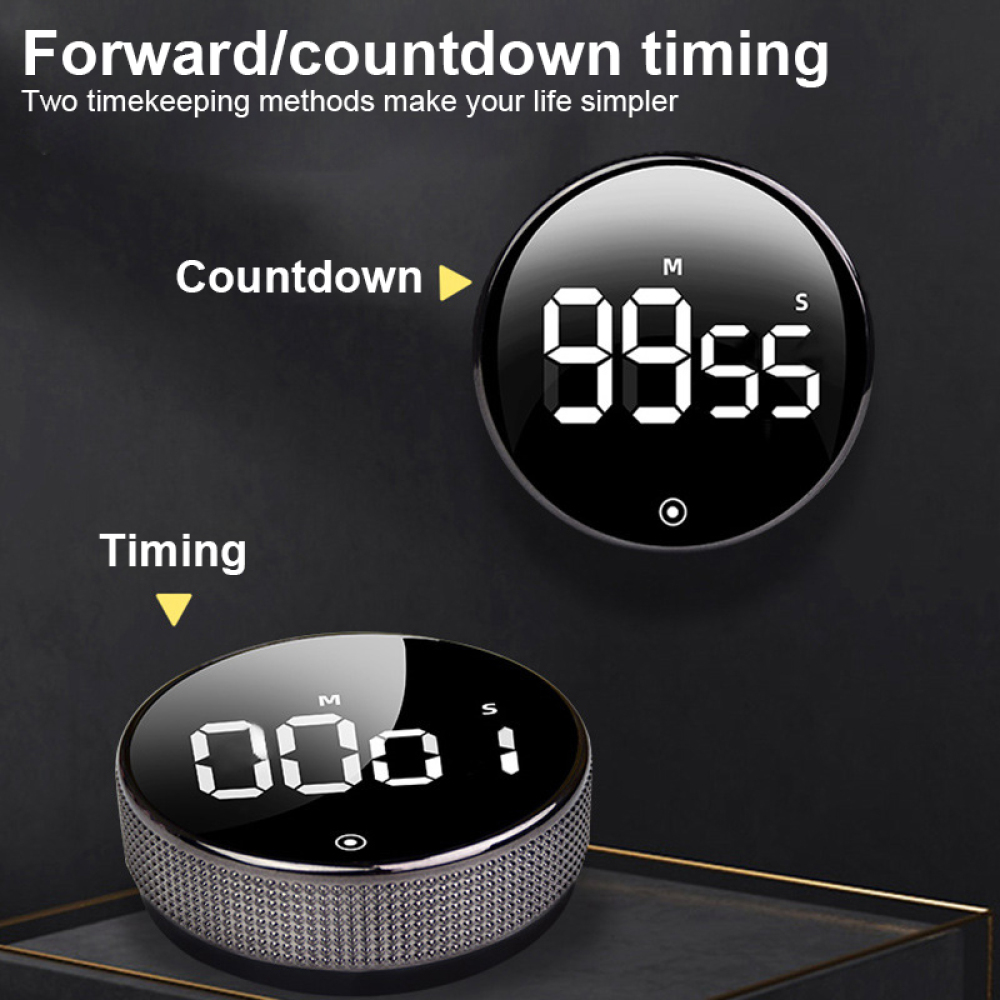 Zwei digitale Timer, einer rund, zeigt 99:55, der andere 00:01. Text: Vorwärts-/Countdown-Timing. Zwei Zeitmessmethoden vereinfachen das Leben.