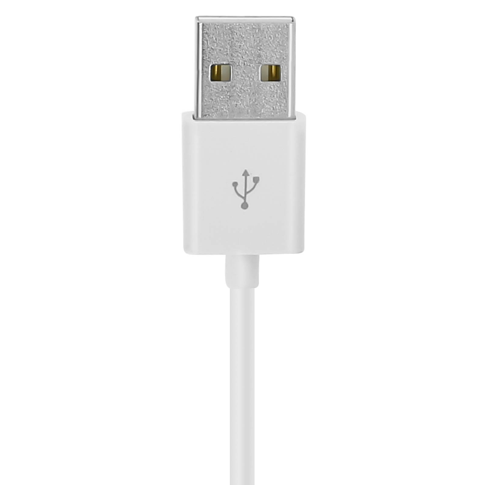 Un cavo USB bianco con un connettore argentato. Il simbolo USB è sul connettore bianco.