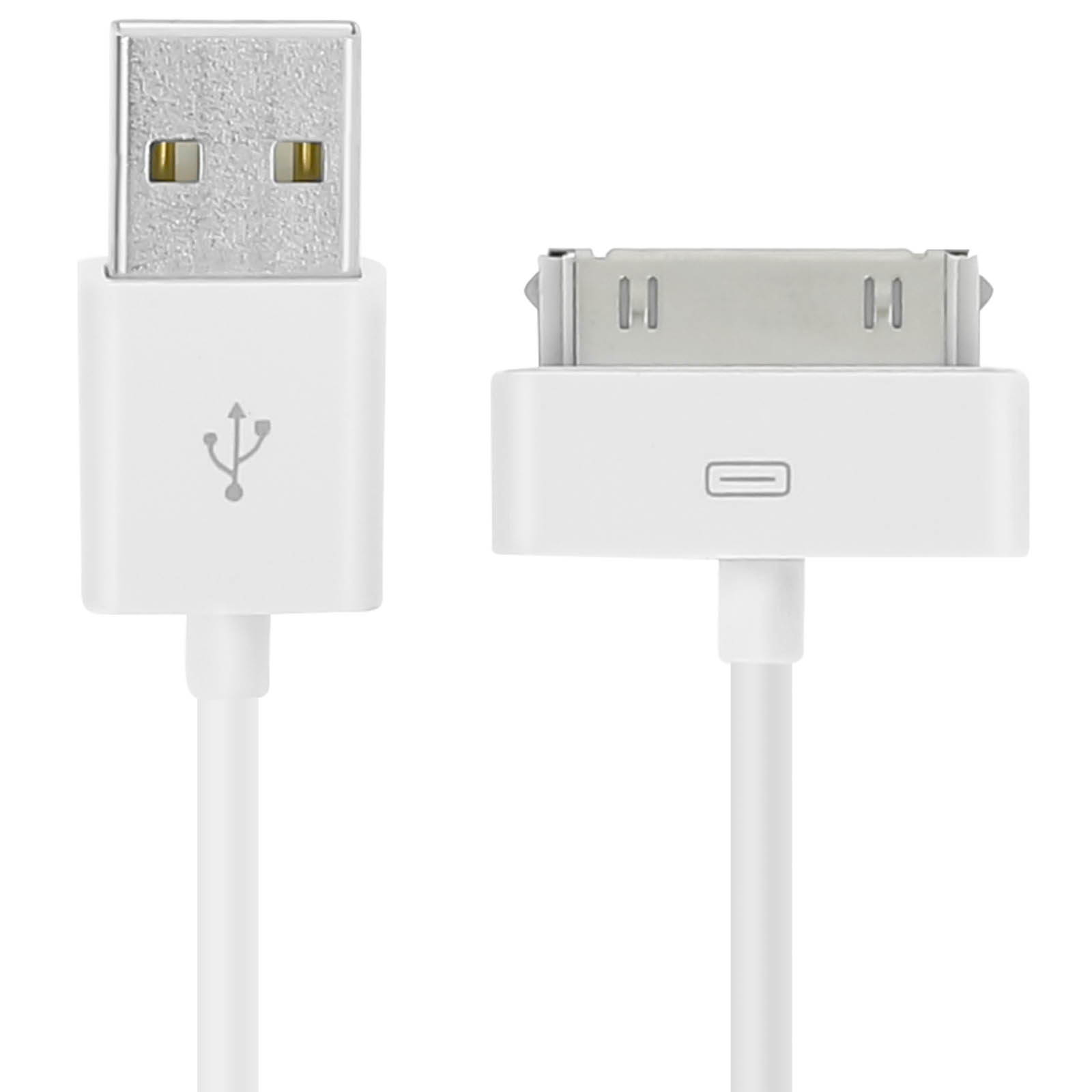Cavo di ricarica bianco con USB e connettore a 30 pin, su sfondo bianco.