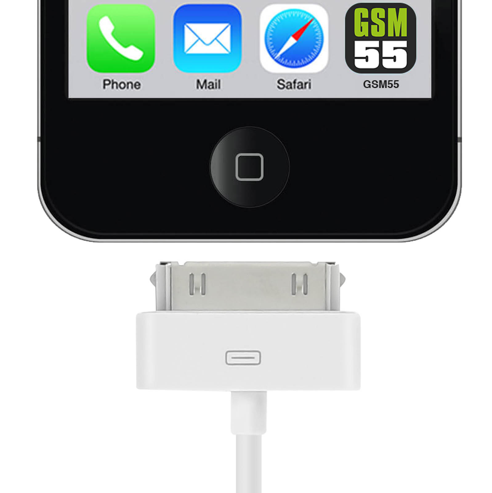 iPhone con caricabatterie collegato. Telefono in alto, caricabatterie in basso. Icone per telefono, posta, safari e GSM55 sono visibili.