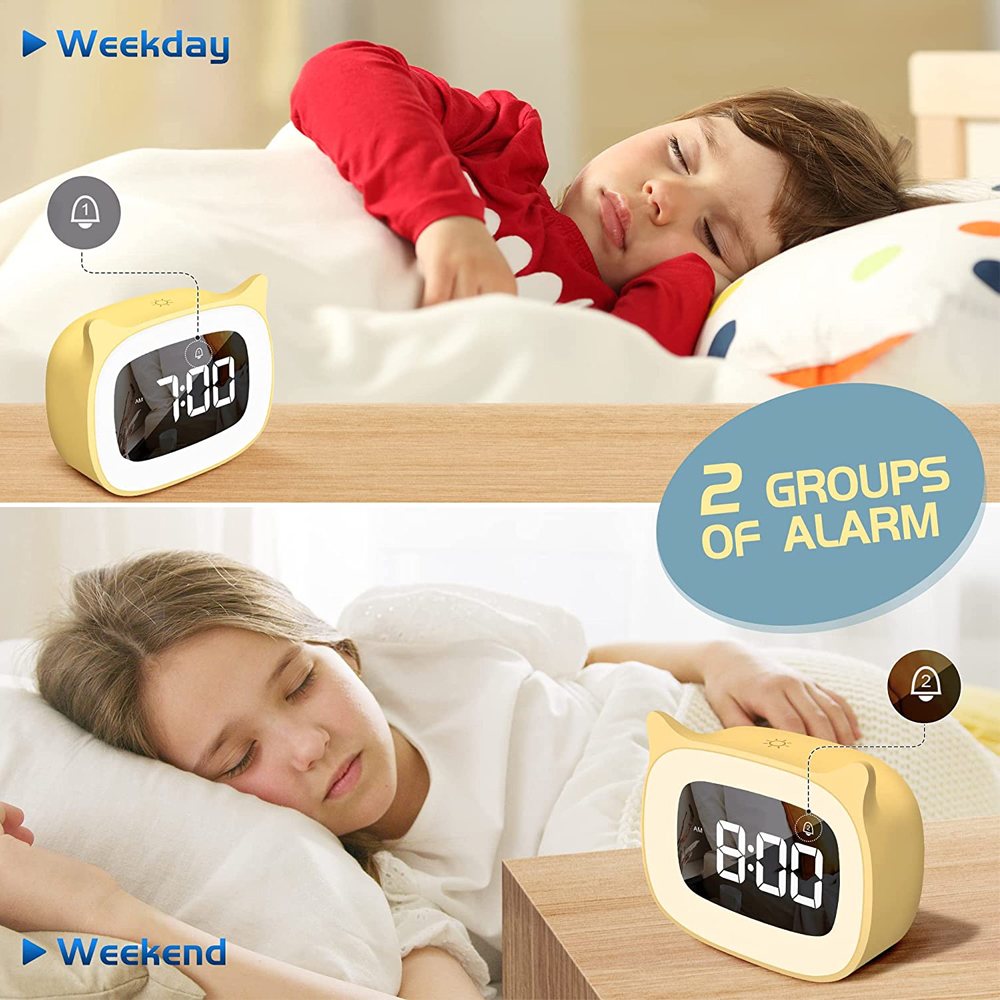 Zwei schlafende Kinder. Ein gelber Wecker zeigt 7:00 Uhr und 8:00 Uhr an. Das Bild hebt '2 Alarmgruppen' mit den Wörtern 'Wochentag' und 'Wochenende' hervor.