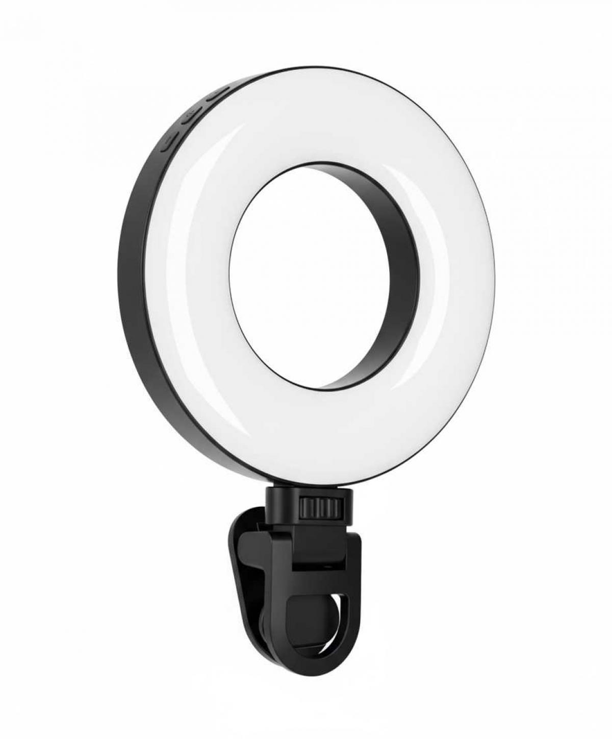 Ein schwarzes Ringlicht mit einem weiß beleuchteten Ring, montiert an einem schwarzen Clip. Der Hintergrund ist weiß.