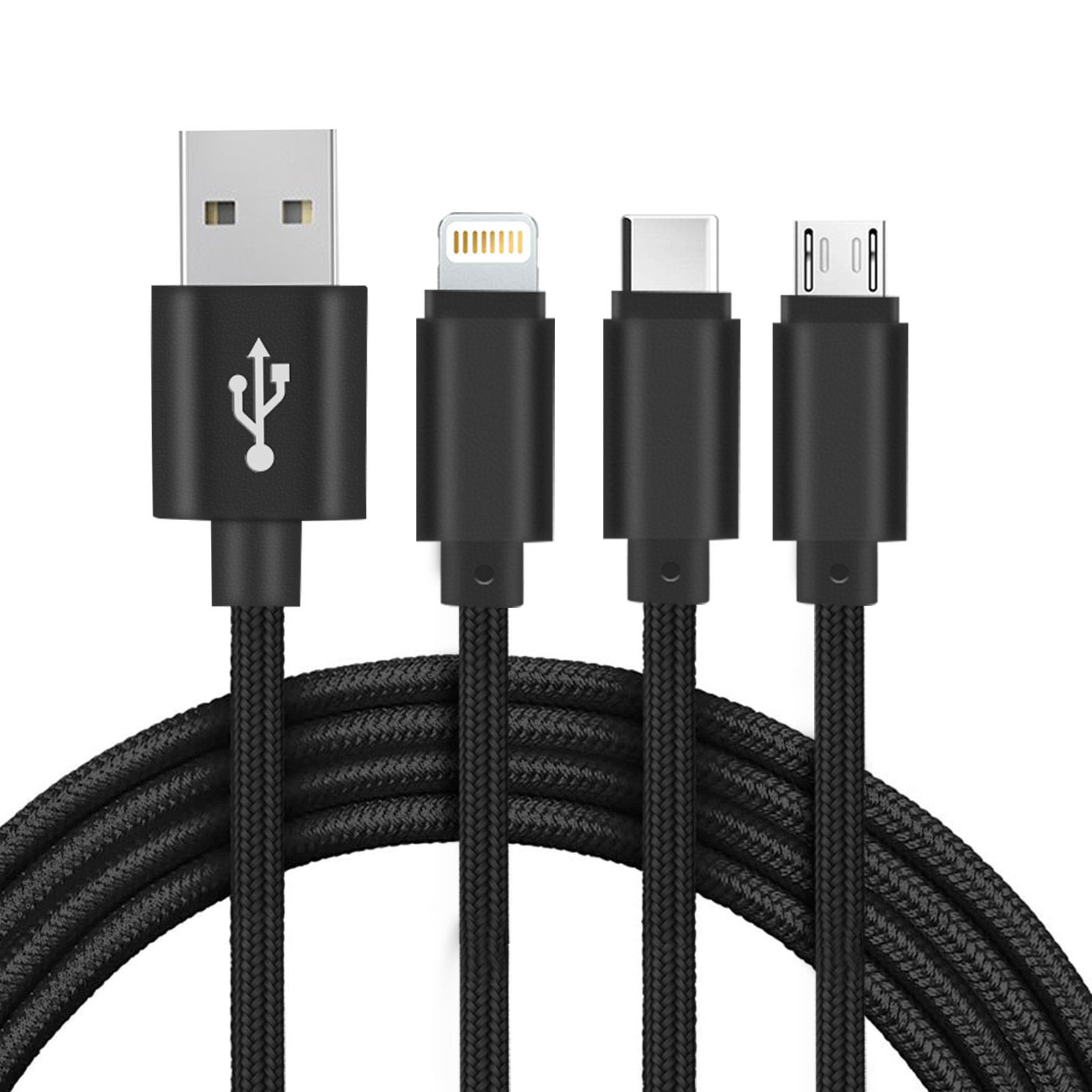 Quattro cavi di ricarica neri con diversi connettori: USB, Lightning, USB-C e Micro-USB, su sfondo bianco.