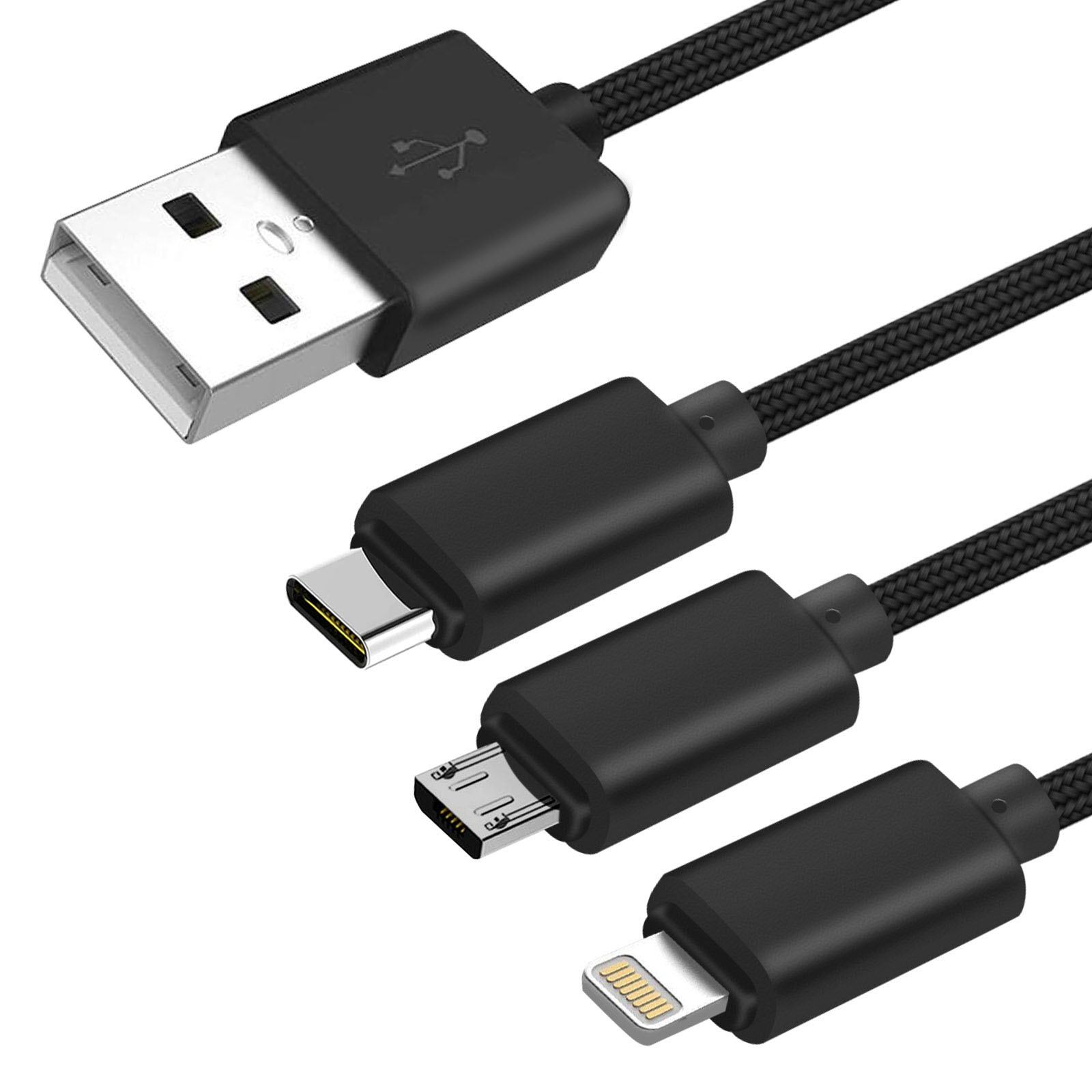 Primo piano di cavi USB neri con vari connettori: USB-A, USB-C, micro-USB e Lightning. Design del cavo intrecciato.