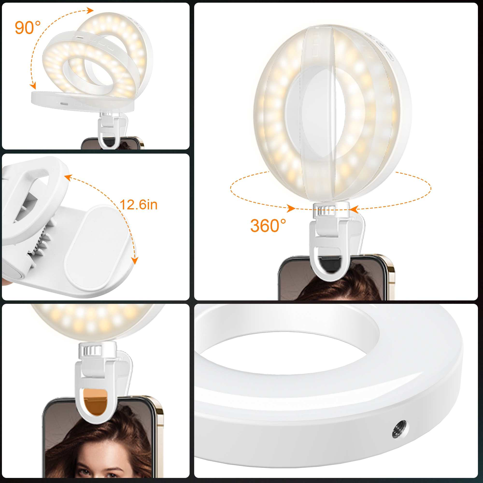 Ein weißes Ringlicht mit Telefonhalter. Pfeile zeigen 90- und 360-Grad-Drehung. Haare einer Frau sind sichtbar.