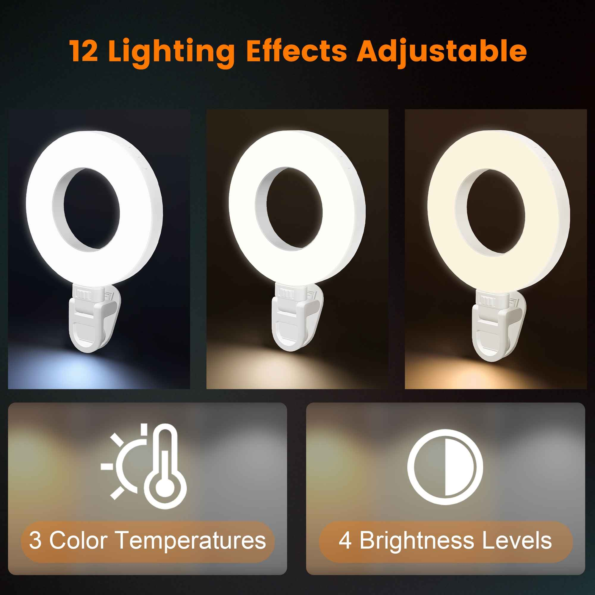 Das Bild zeigt ein Ringlicht mit 3 Farbtemperaturen und 4 Helligkeitsstufen. Text: 12 Lichteffekte einstellbar.