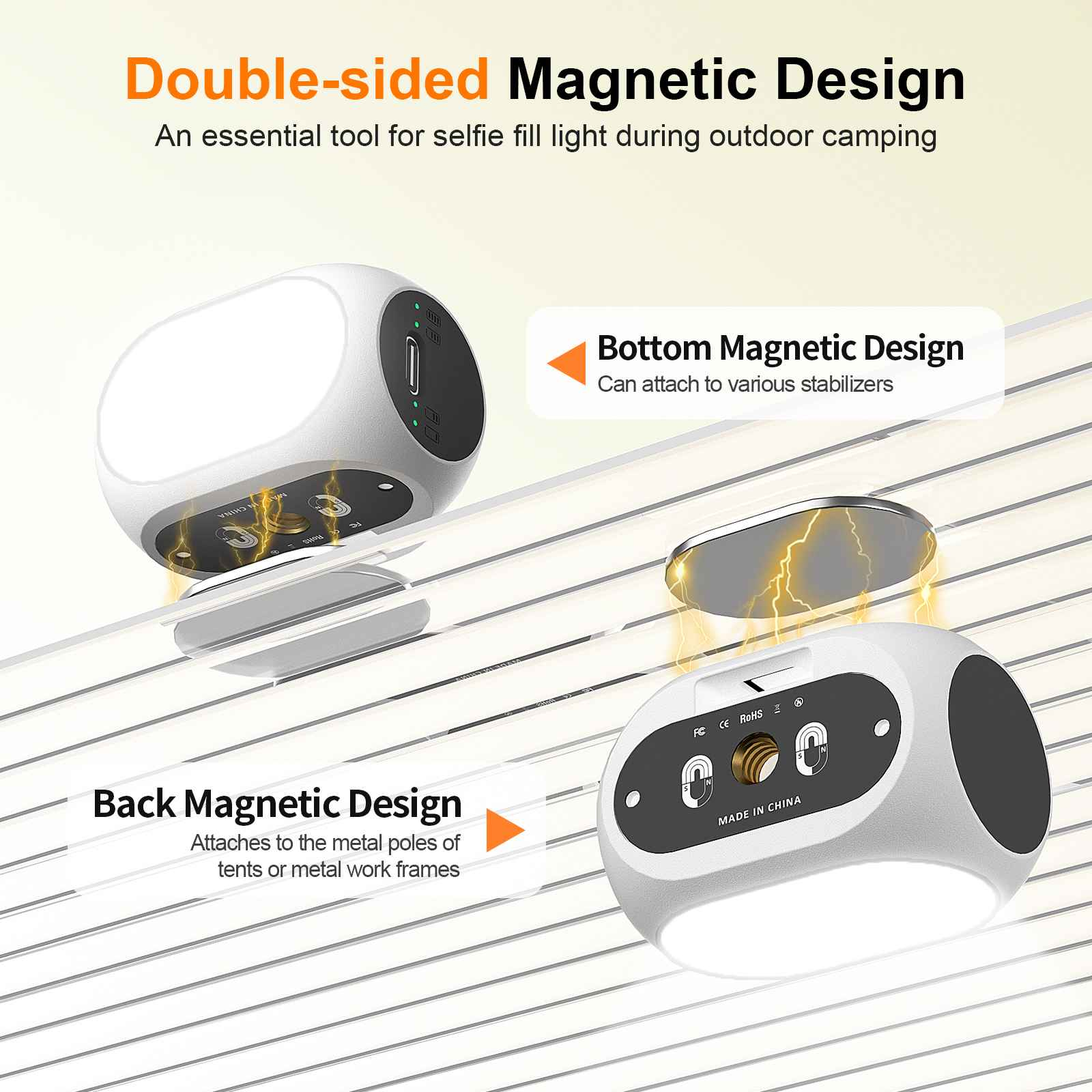 Eine weiße, magnetische Campinglampe. Text: 'Doppelseitiges Magnetdesign'. Details zum Magnetdesign.
