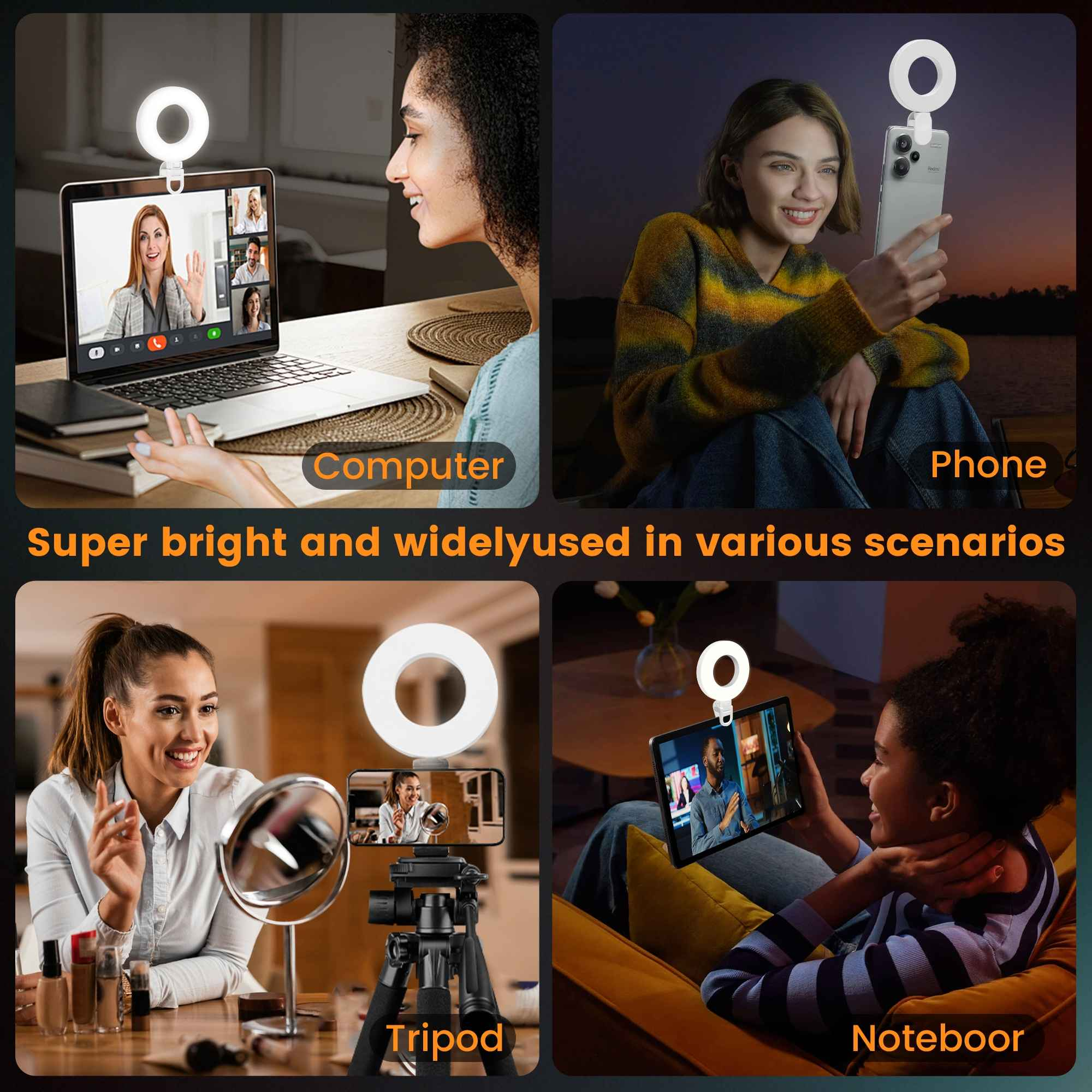 Ein Bild, das ein Ringlicht zeigt, das an einem Laptop, Telefon und Tablet befestigt ist, mit Personen, die sie für Videoanrufe und Selfies verwenden.