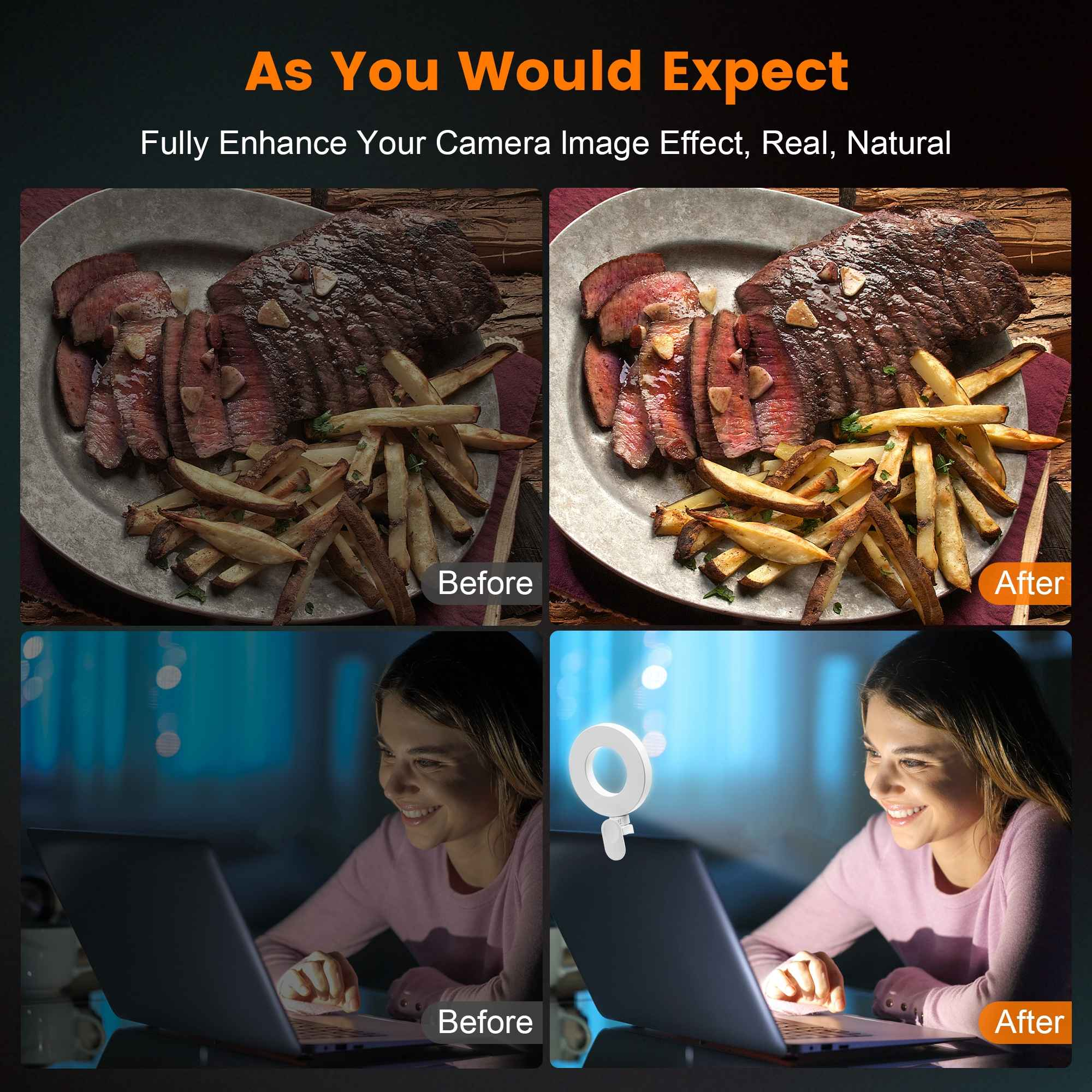 Das Bild vergleicht Vorher-/Nachher-Kameraeffekte. Steak und Pommes auf einem Teller. Frau benutzt Laptop mit Ringlicht.
