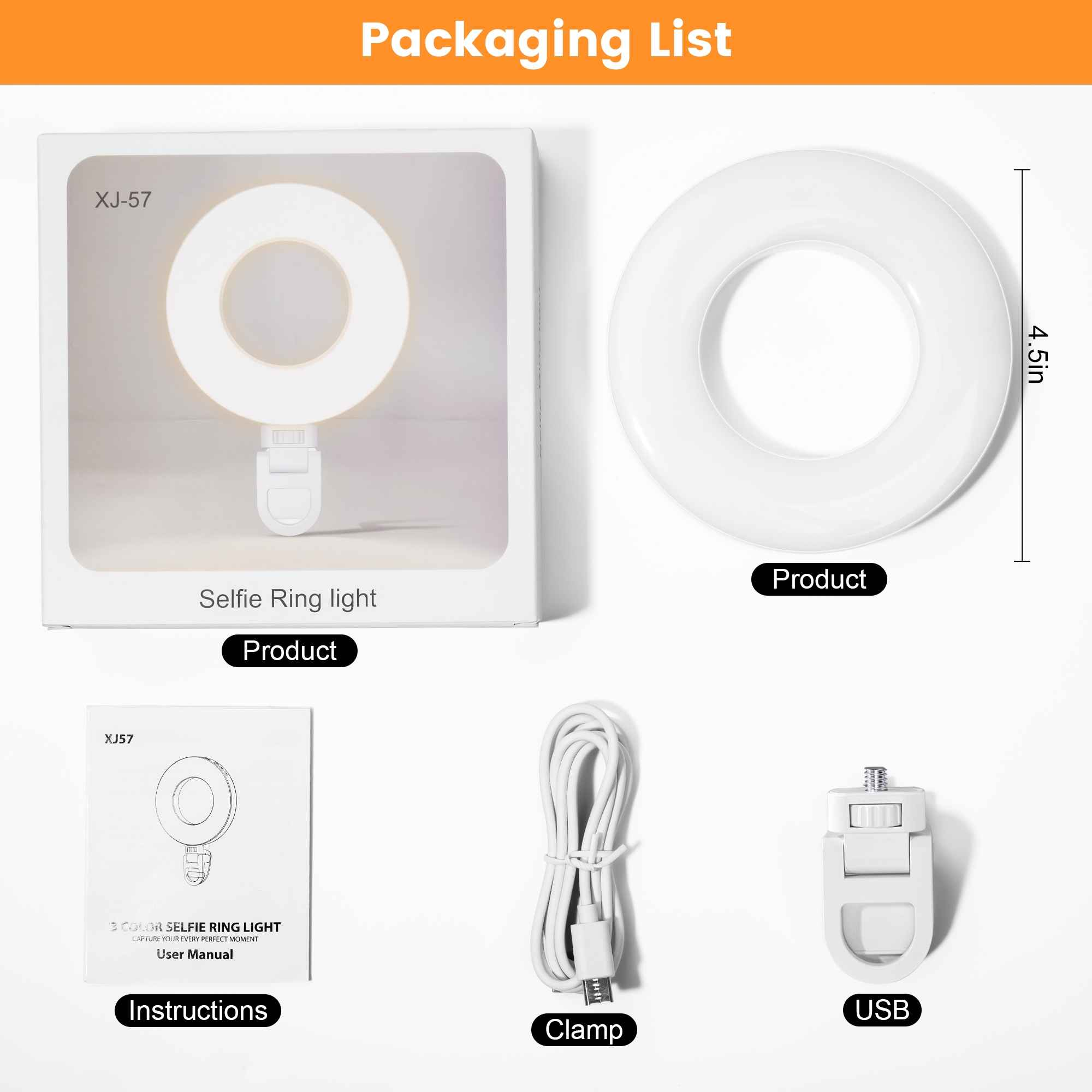Verpackungsliste mit Ringlicht, Handbuch, USB und Klemme. Das Licht ist weiß, mit kreisförmigem Design. Artikel auf weißem Hintergrund.