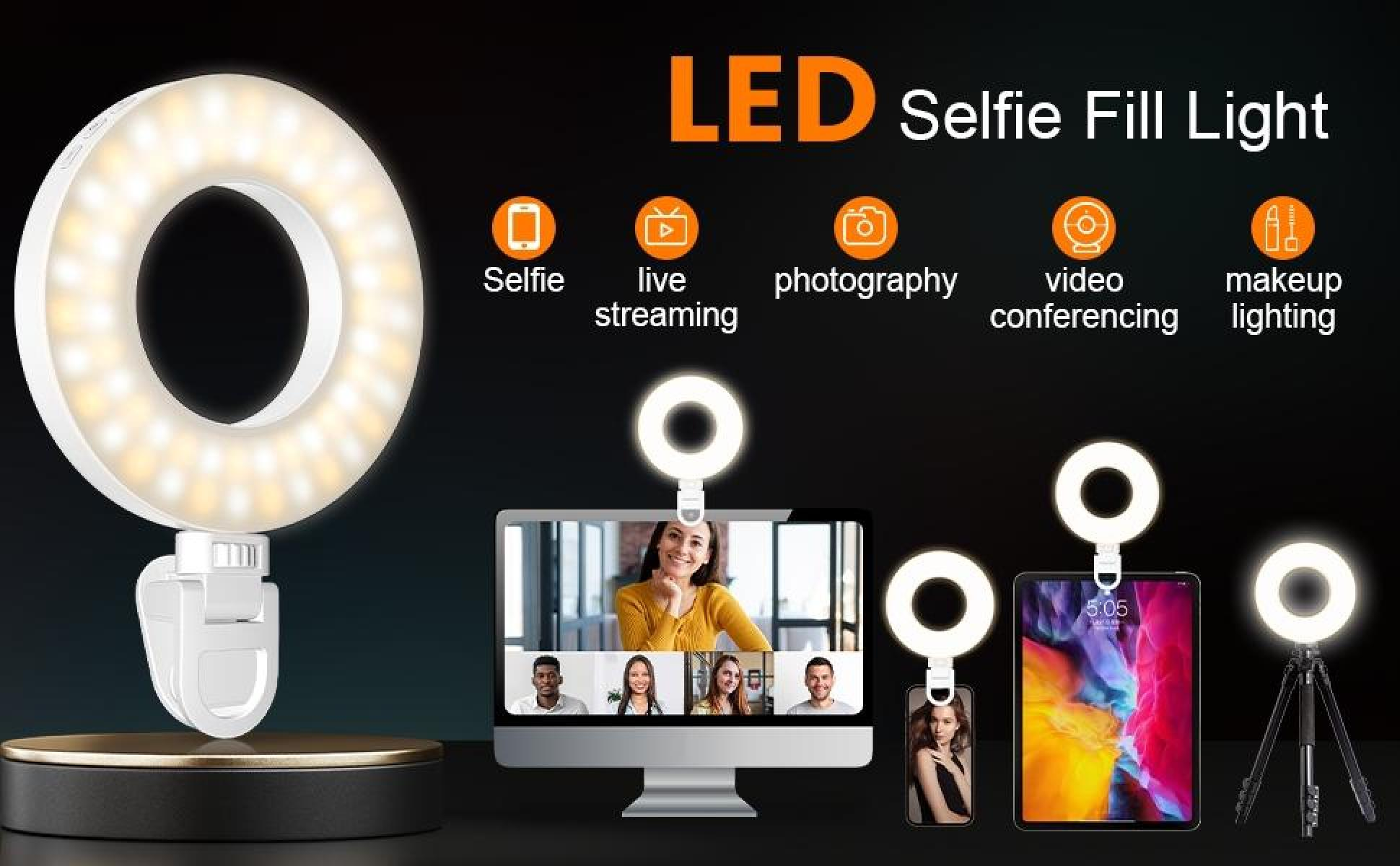 Ein Ringlicht beleuchtet verschiedene Geräte: Computer, Tablet und Telefon. Symbole deuten auf Verwendungen hin: Selfie, Streaming, Fotografie, Videokonferenzen, Make-up.