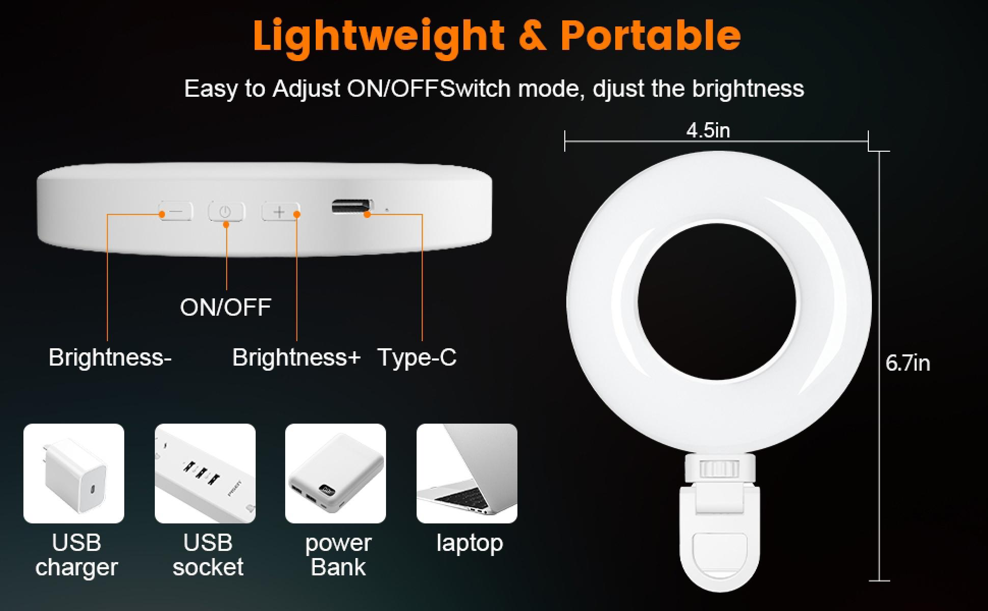 Ein weißes Ringlicht mit Bedientasten und einem Typ-C-Anschluss. Es ist leicht und tragbar. Enthält USB-Ladegerät, Steckdose, Powerbank und Laptop.