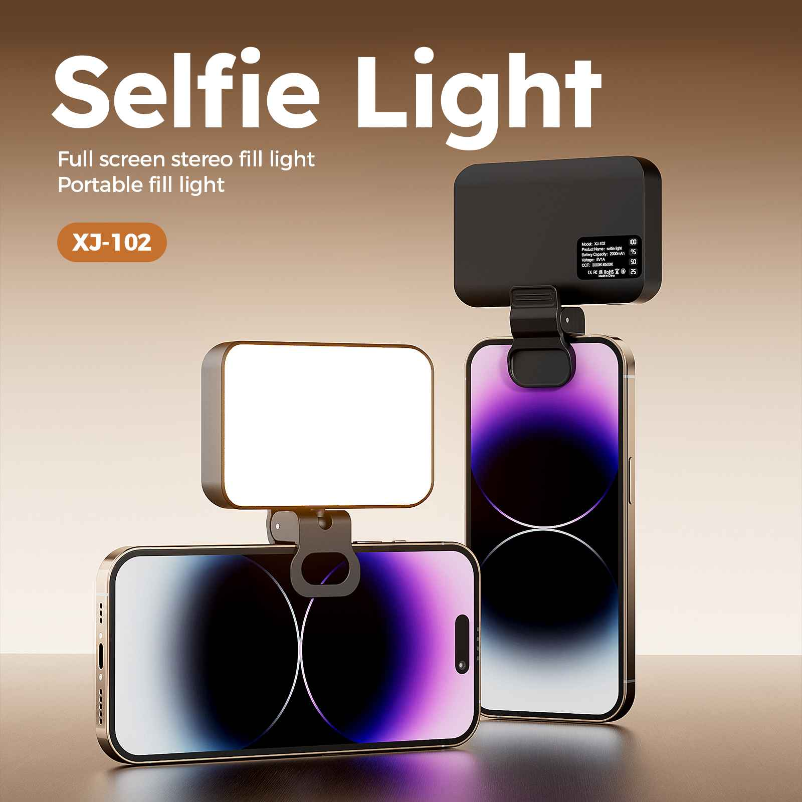 Ein Selfie-Licht-Kit mit zwei Smartphones und zwei Lichtern. Ein Licht ist oben, das andere vor einem Smartphone.