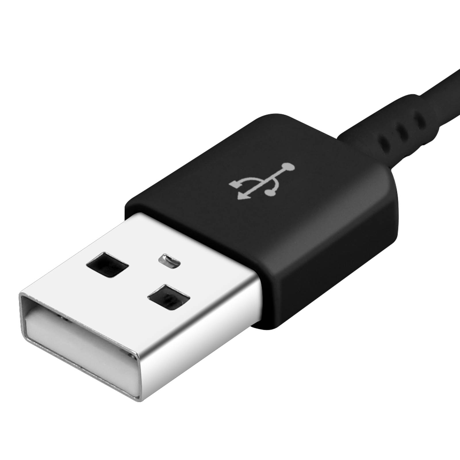 Primo piano di un cavo USB nero. Il connettore USB è argentato, il resto nero, con un simbolo.