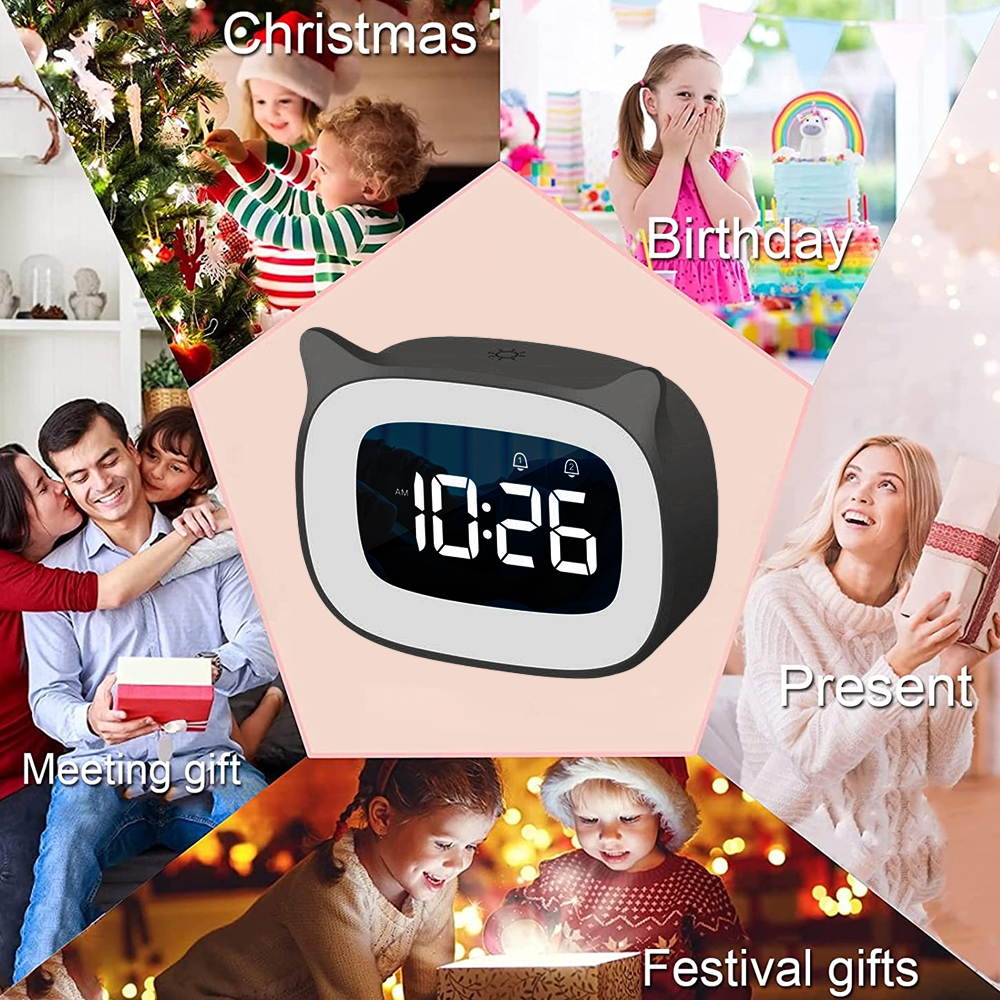 Eine Digitaluhr zeigt 10:26 Uhr an. Bilder zeigen Weihnachten, Geburtstag, Geschenk, Geschenke und ein Meeting-Geschenk.