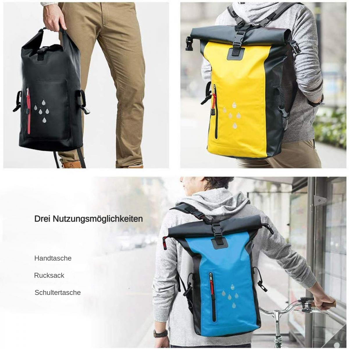 Das Bild zeigt drei verschiedene wasserdichte Rucksäcke in Schwarz, Gelb und Blau, jeweils mit einzigartigem Design und Verwendung.