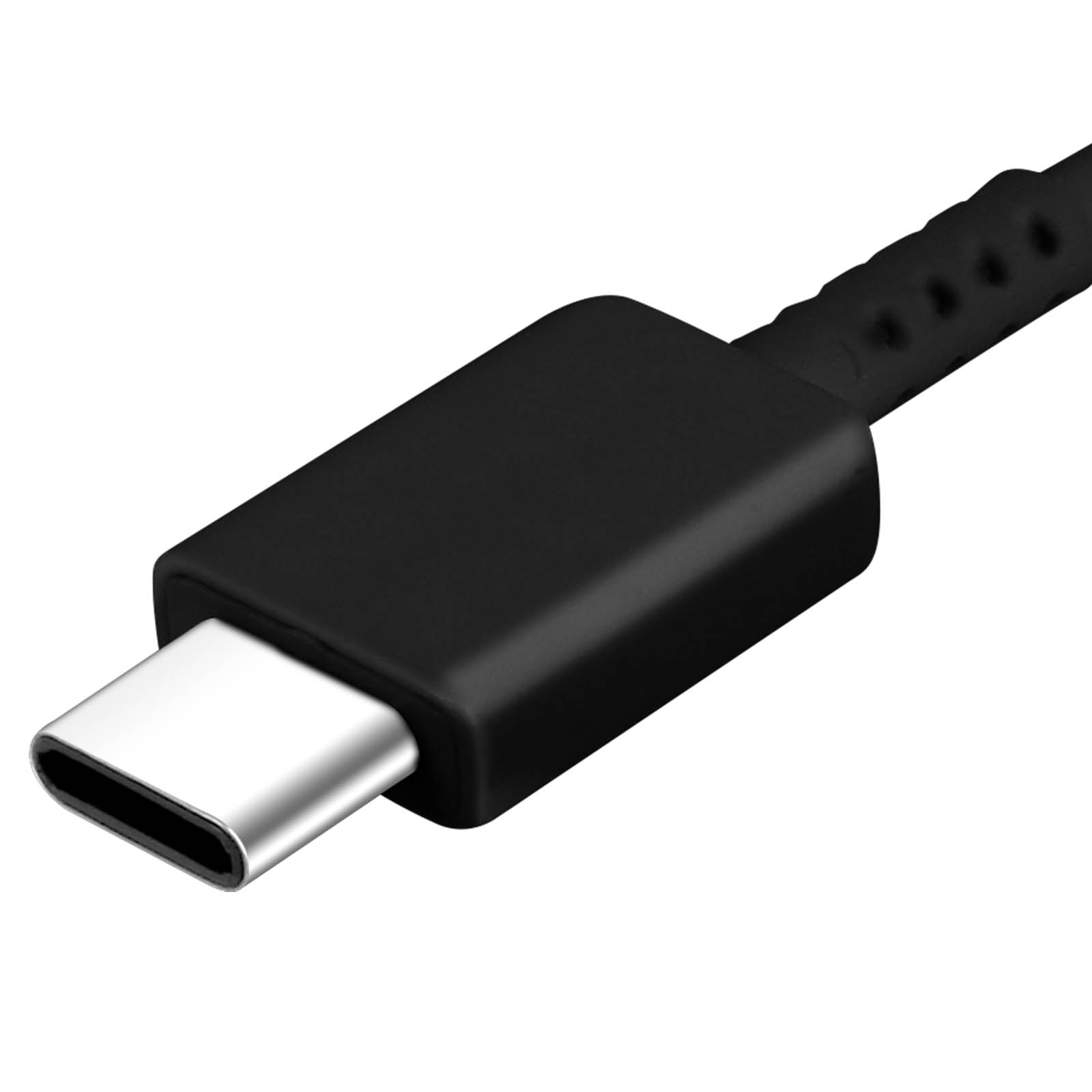 Primo piano di un connettore per cavo USB-C nero. Ha una spina color argento.