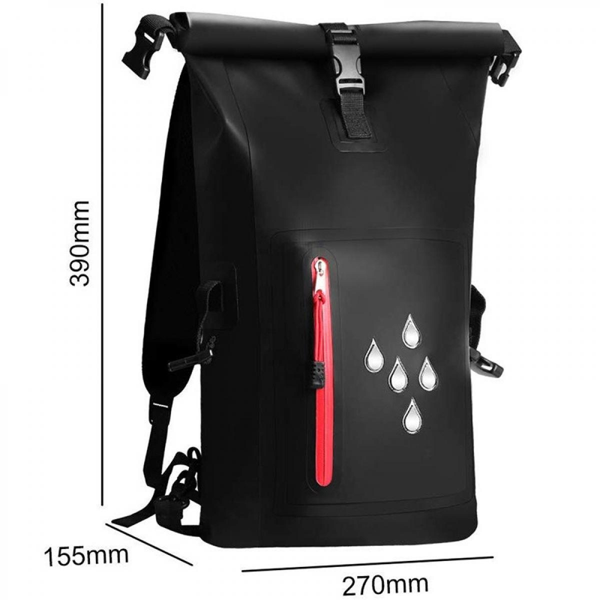 Ein schwarzer wasserdichter Rucksack mit roter Reißverschlusstasche und weißen Wassertropfendesigns. Abmessungen: 390 mm x 270 mm x 155 mm.