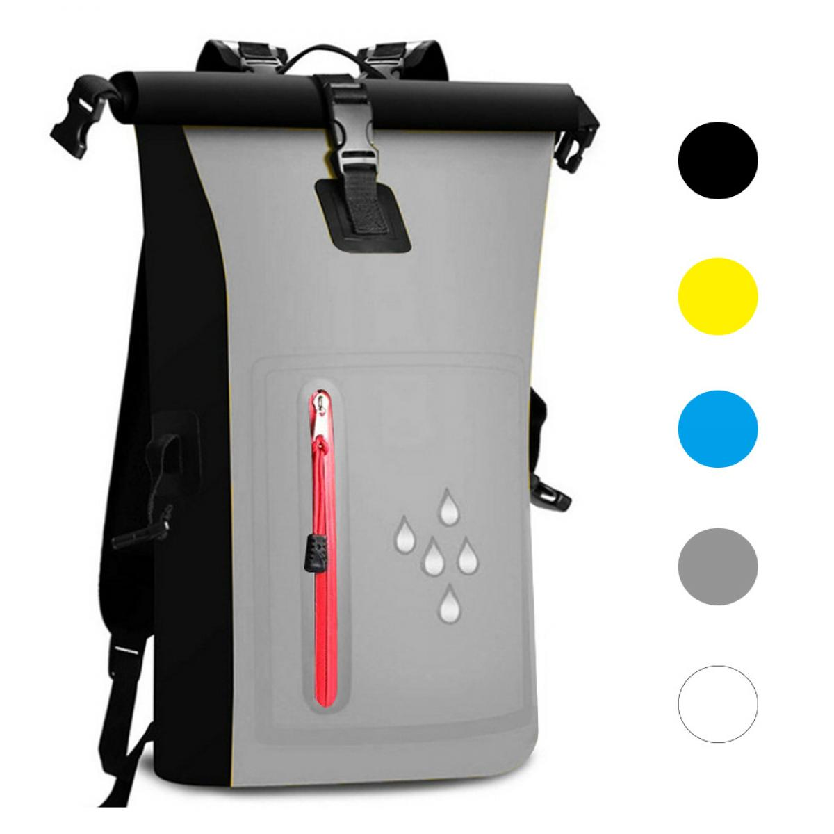 Ein wasserdichter Rucksack. Er ist grau mit rotem Reißverschluss, schwarzen Trägern und einem schwarzen Oberteil. Wassertropfensymbole sind sichtbar.
