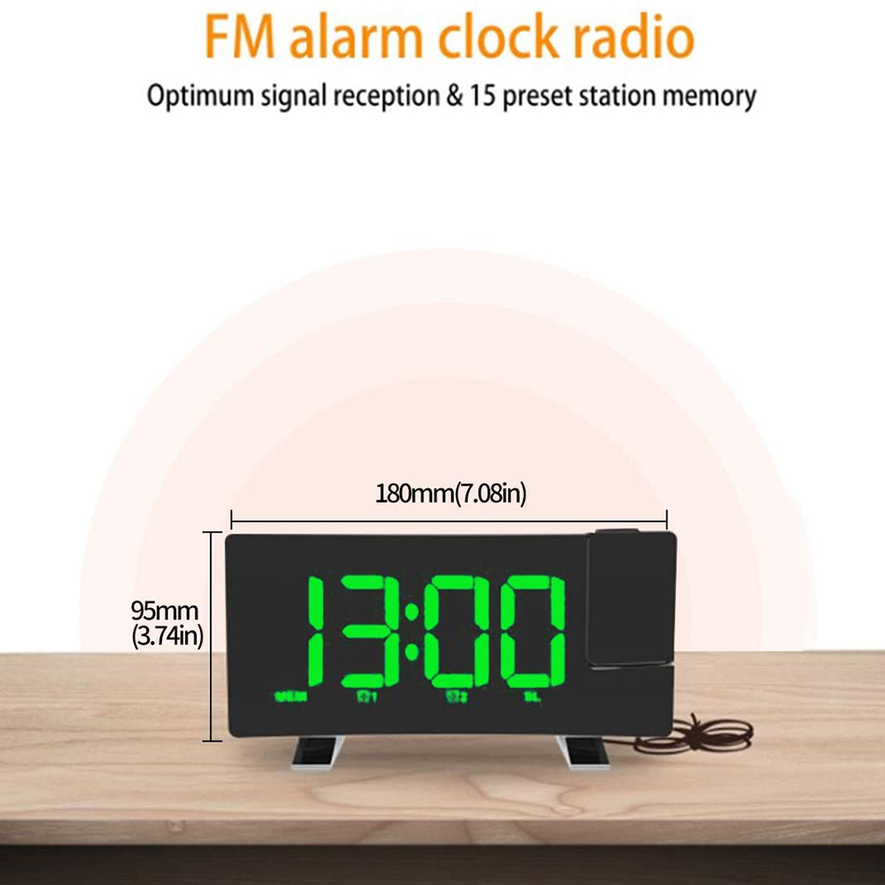 Ein schwarzer digitaler Wecker zeigt 13:00 in Grün an. Er steht auf einer Holzoberfläche. Oben steht 'FM-Radiowecker'.