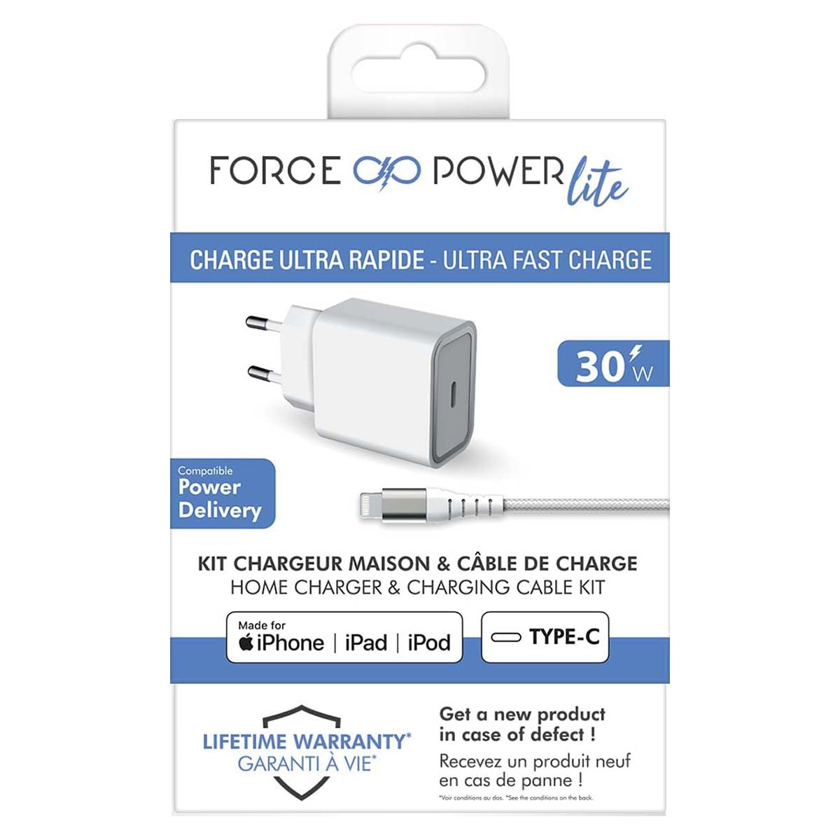 Caricabatterie bianco con cavo. Il testo include 'CHARGE ULTRA RAPIDE', 'iPhone', 'iPad', 'iPod', 'TYPE-C' e 'LIFETIME WARRANTY'.