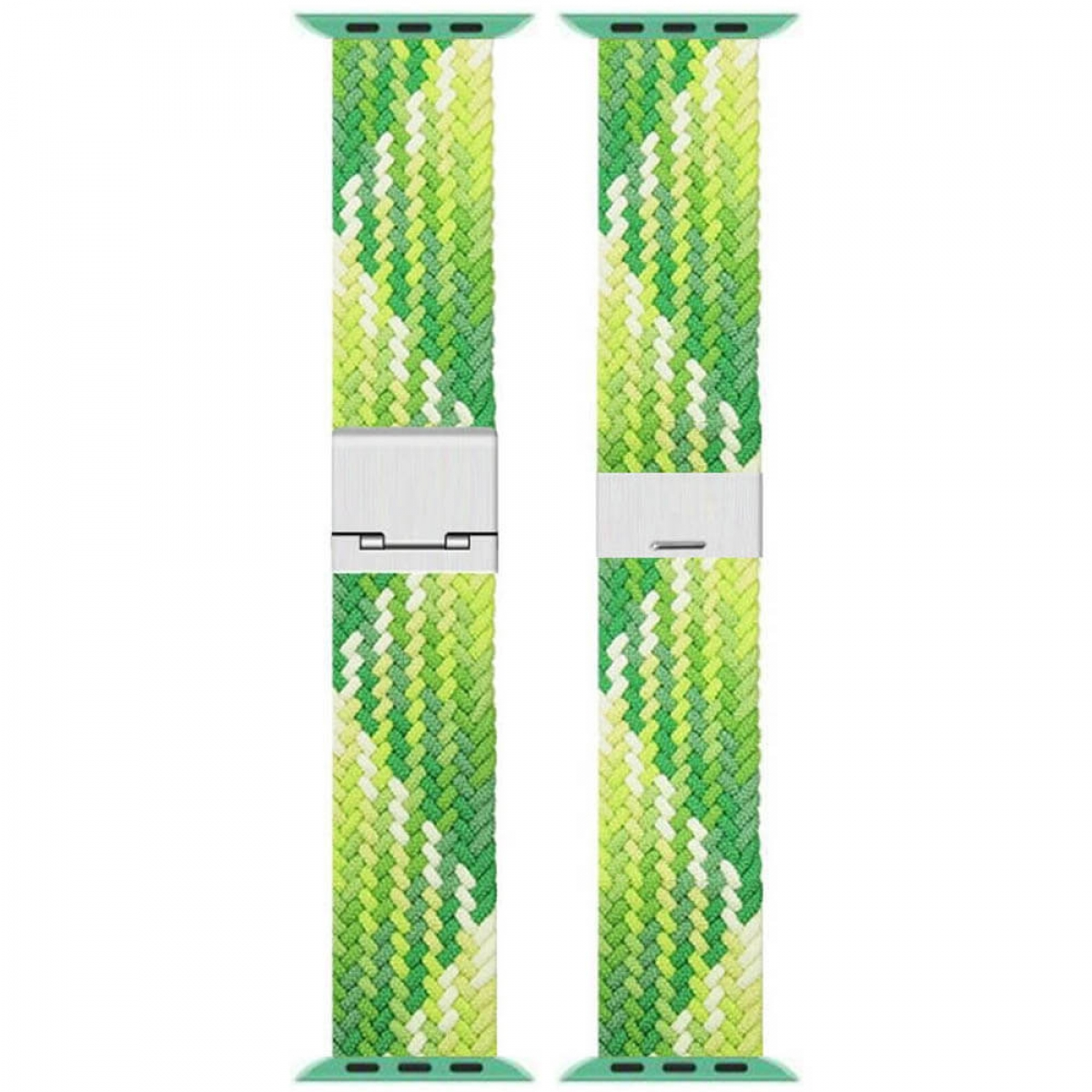 Grünes geflochtenes Uhrenarmband mit silbernen Verschlüssen. Das Band hat eine Mischung aus hell- und dunkelgrün und weiß. Das Armband ist für Apple Watch.