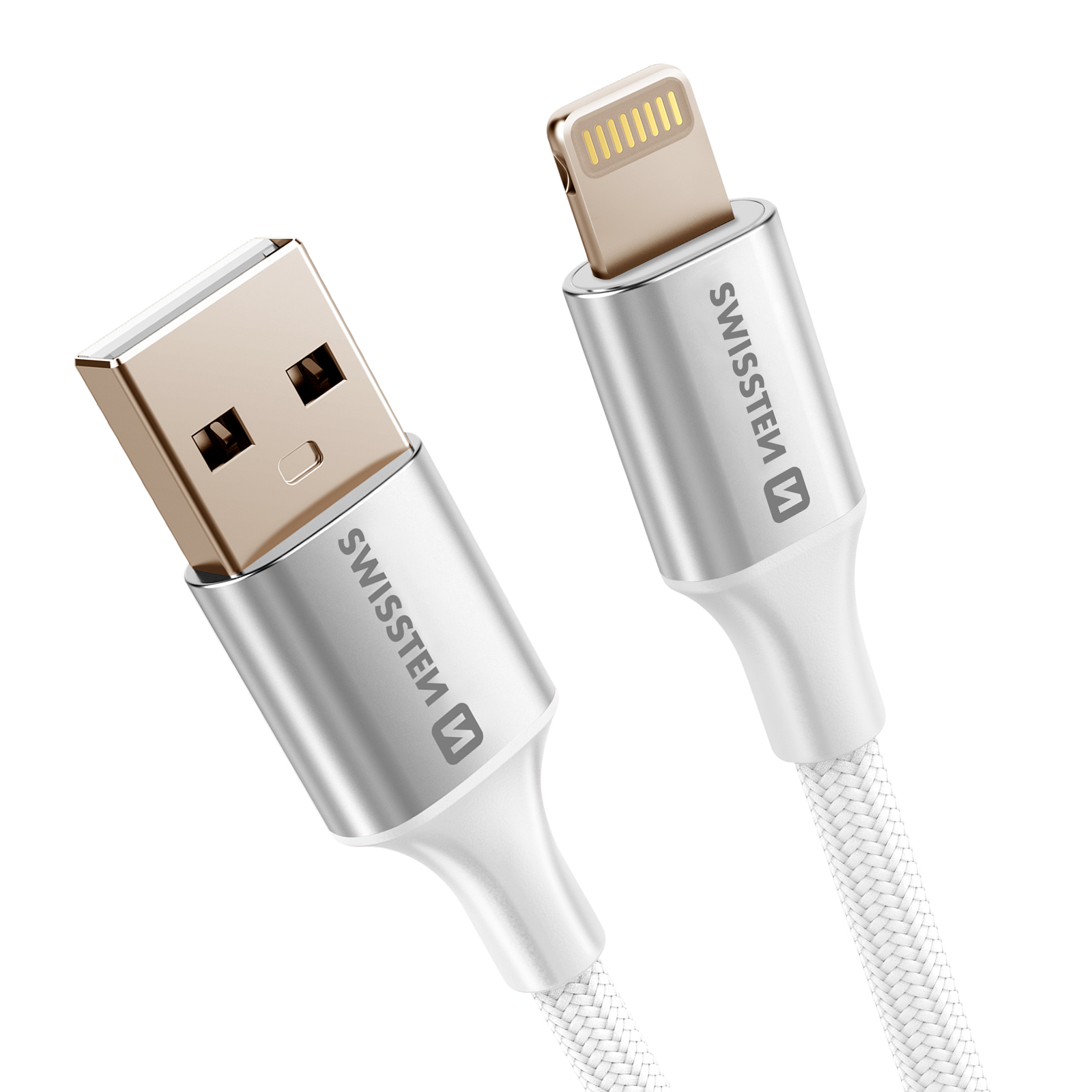 Un câble de charge tressé blanc avec USB et connecteur Lightning, des accents argentés et le logo 'Swissten'.