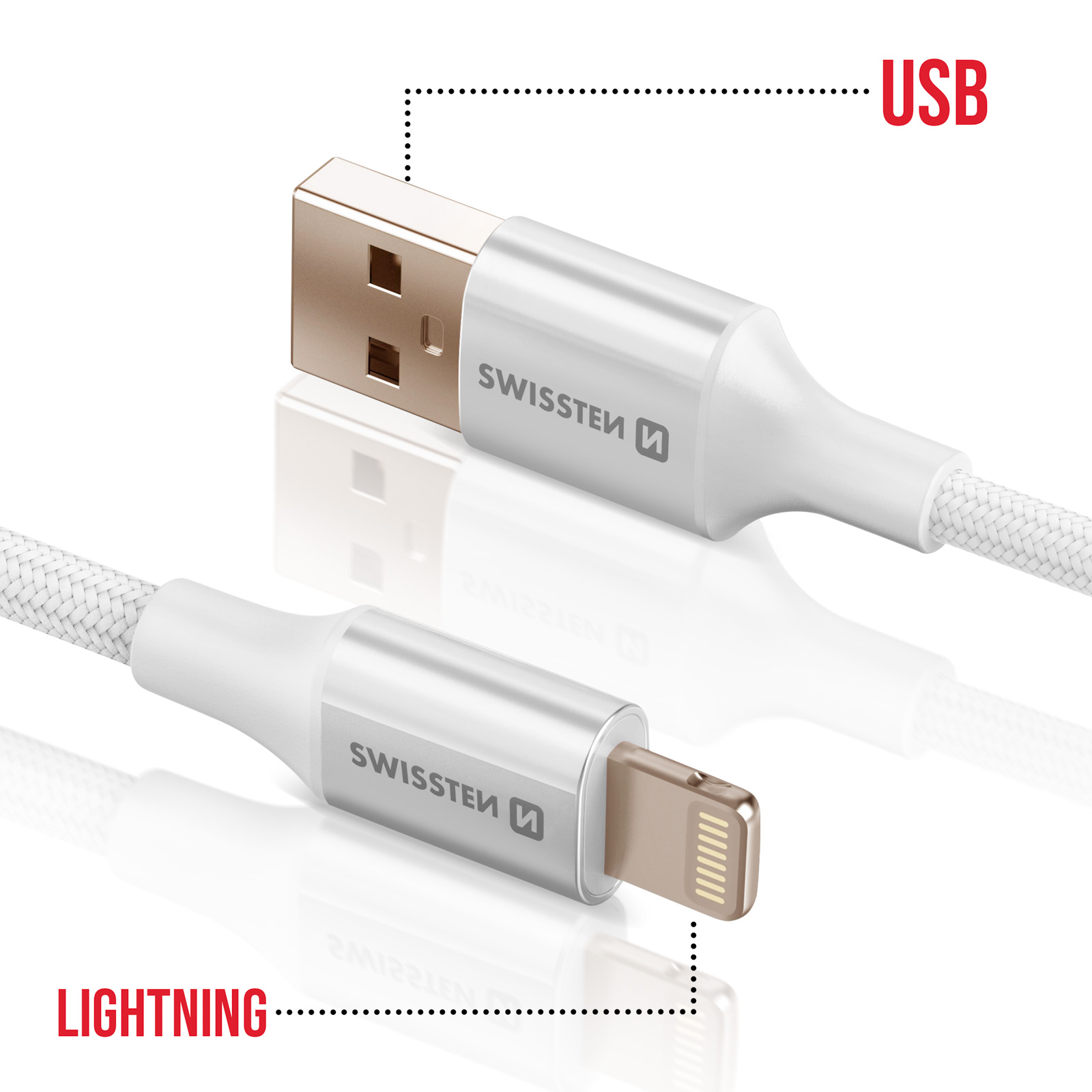 Un câble USB et Lightning blanc avec le texte "SWISSTEN". La partie USB est dorée, le Lightning aussi.