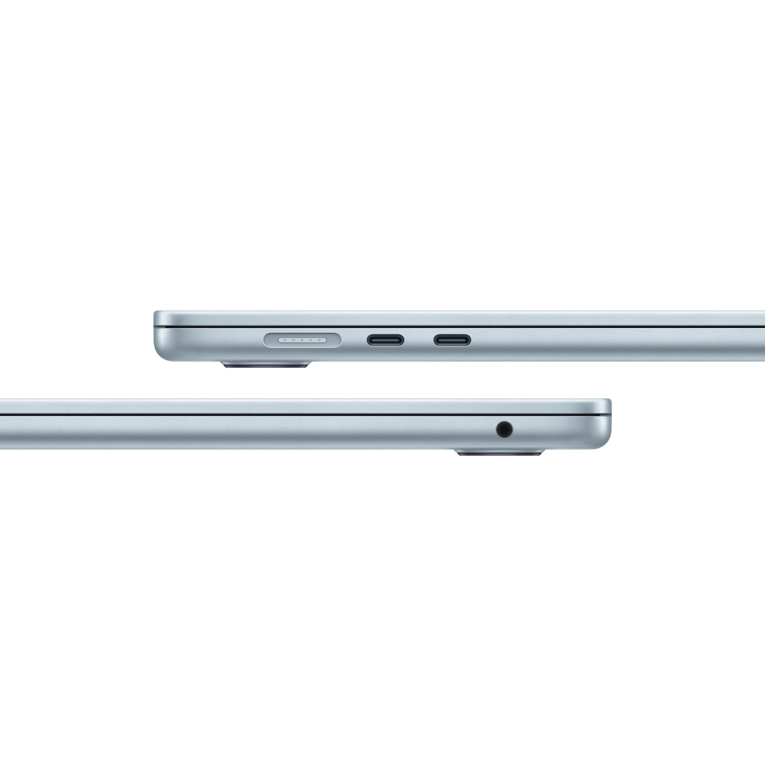 Pokazano dwa jasnoniebieskie laptopy. Widok z boku górnego laptopa pokazuje porty. Dolny laptop pokazuje gniazdo słuchawkowe.