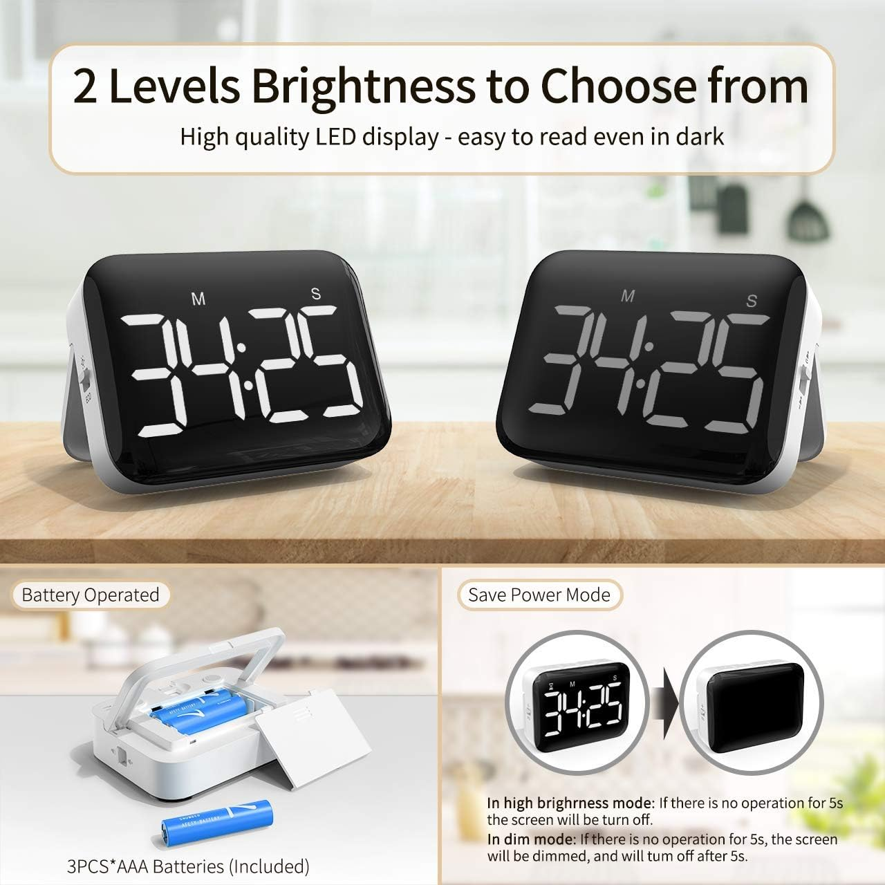 Zwei Digitaluhren mit der Anzeige 34:25, plus Batterie- und Energiesparmodus-Details. Text: 2 Helligkeitsstufen. LED-Anzeige.