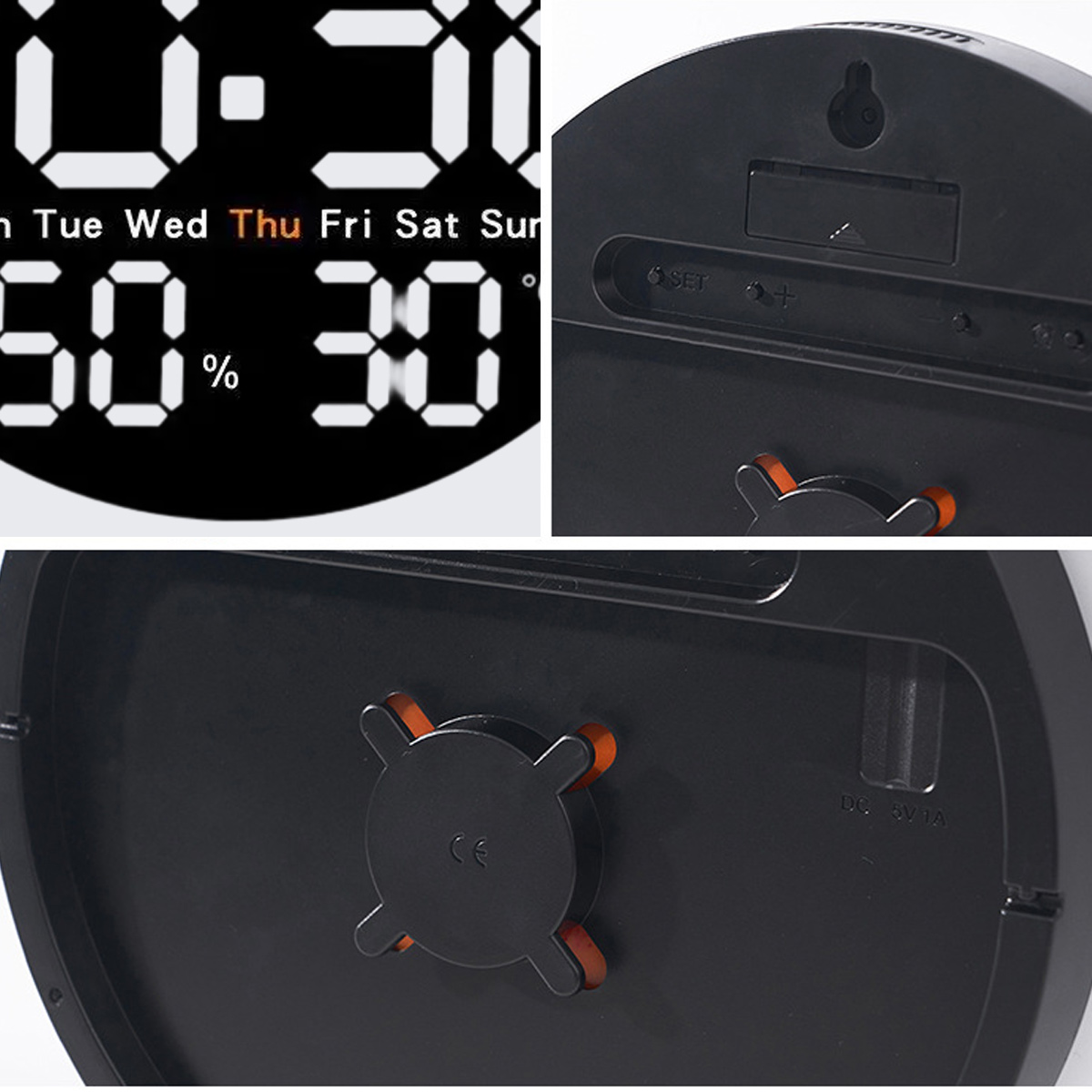 Eine Digitaluhr zeigt Zeit und Tag an. Die Rückseite der Uhr ist schwarz mit orangefarbenen Akzenten. Details umfassen ein Batteriefach und Einstellungen.