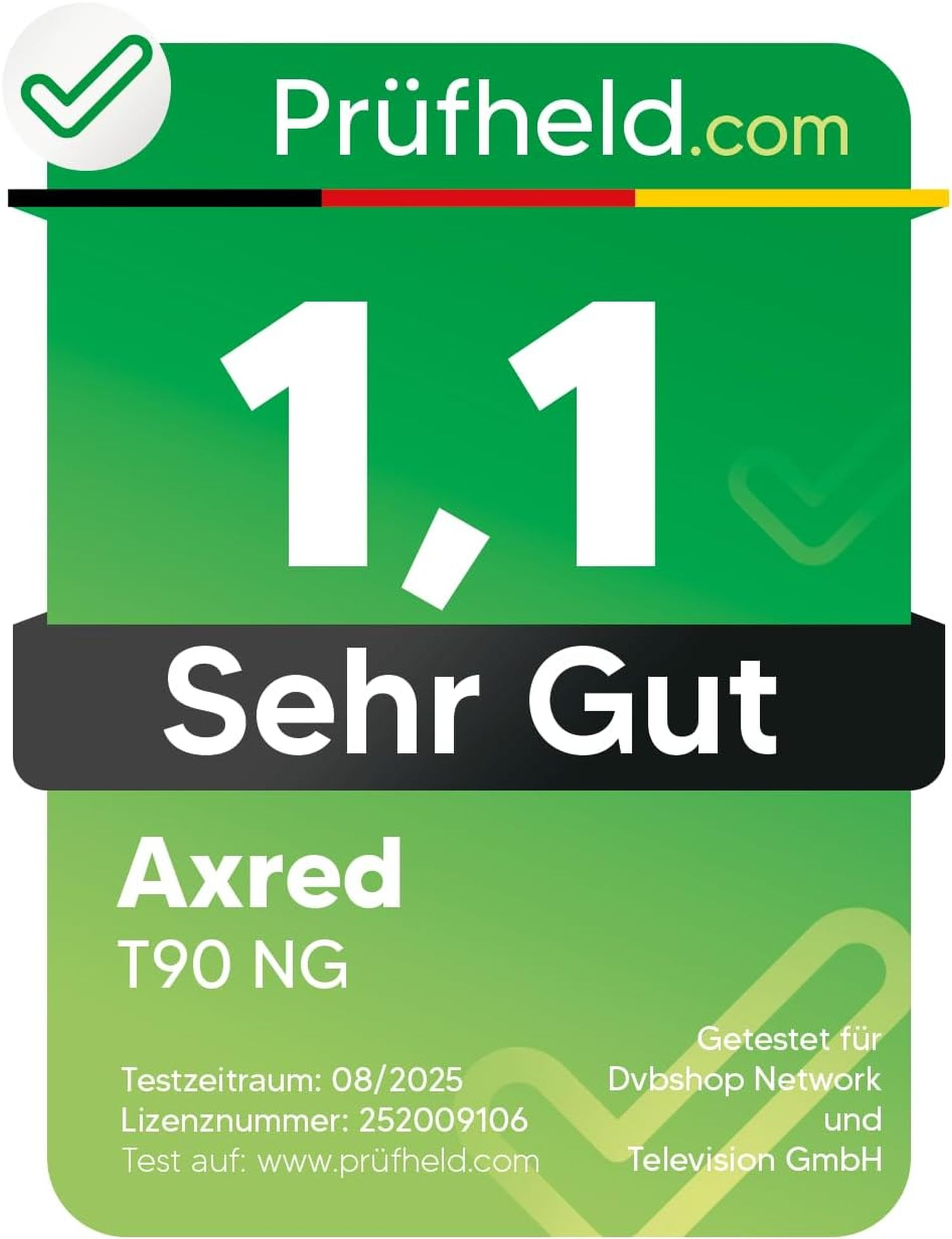 Ein grünes und weißes Zertifikat mit dem Text '1,1 Sehr Gut' und 'Axred T90 NG'. Das Logo 'Prüfheld.com' ist sichtbar.