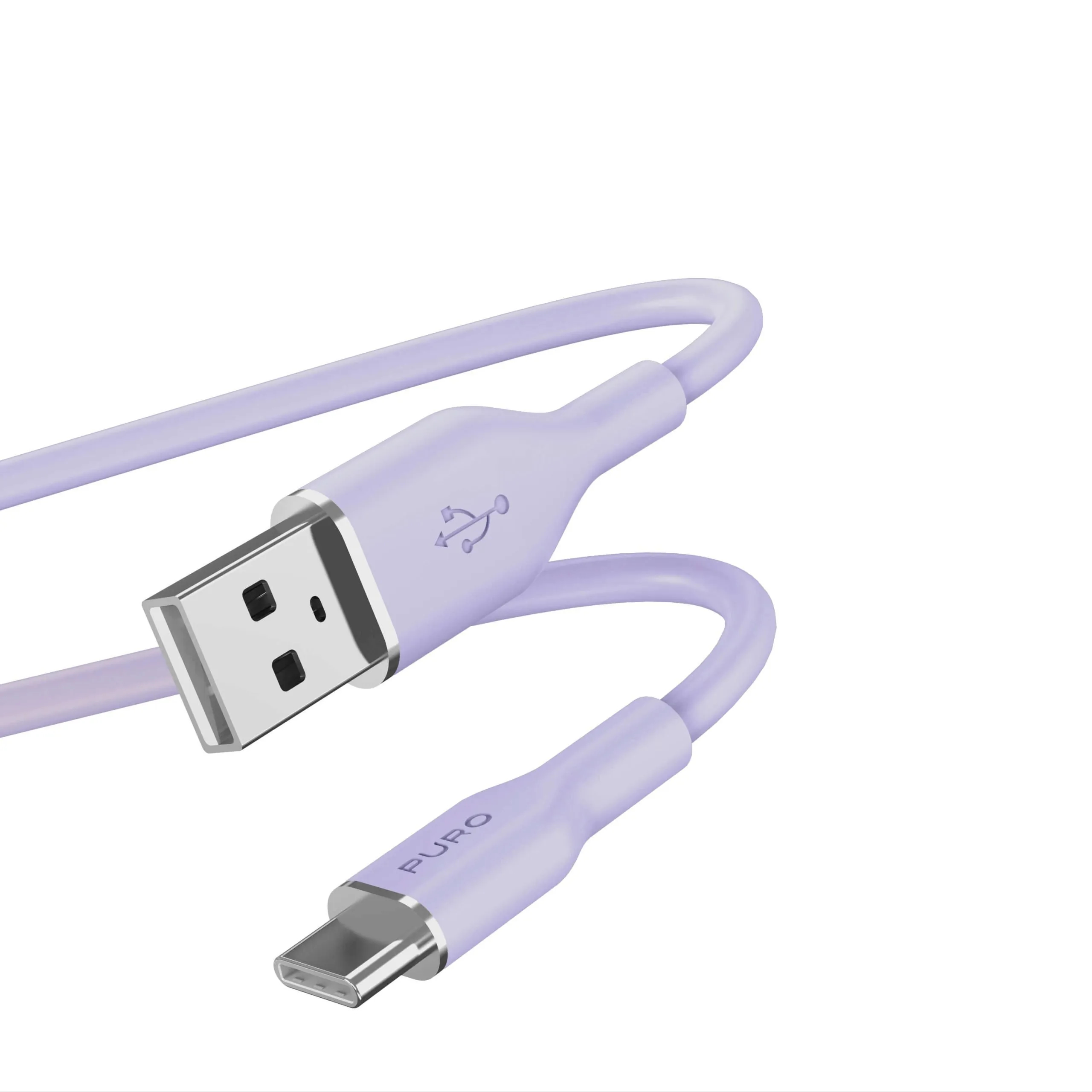 A purple USB cable with a USB-A and USB-C connector. The cable is curved against a white background. The brand is PURO.
