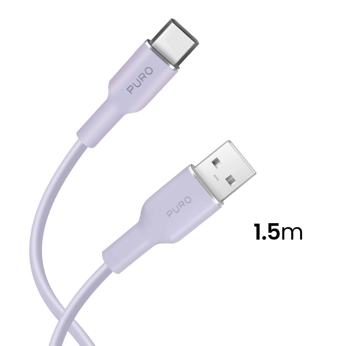 A lilac USB-C to USB cable with 'PURO' branding. The cable is 1.5m long. White background.