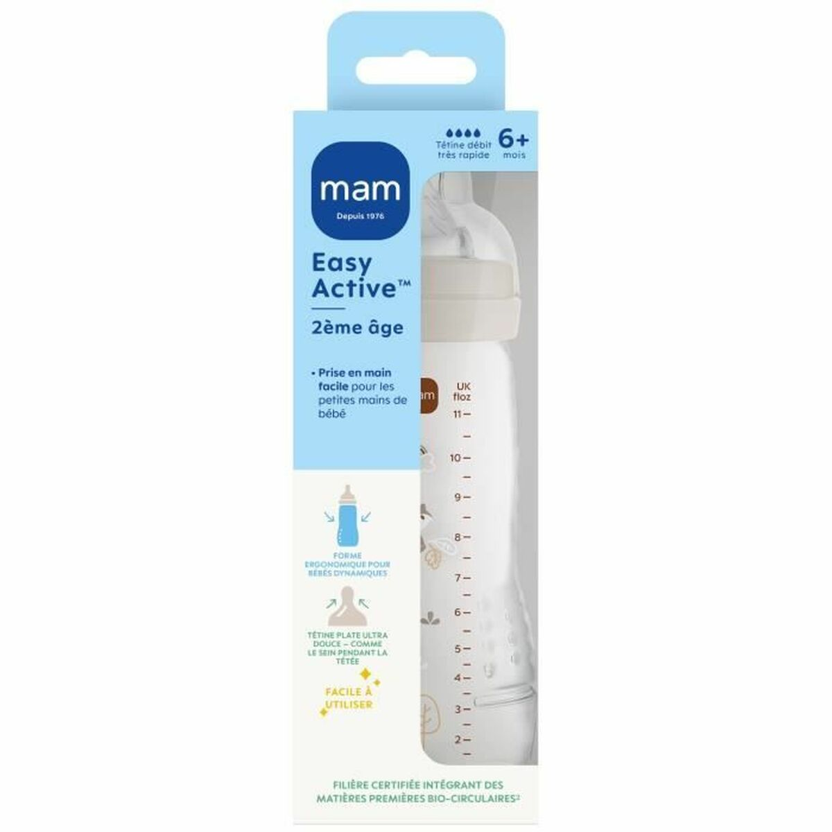 MAM Babyflasche mit Text und Grafiken auf der Verpackung, Flasche sichtbar. Die Flasche ist weiß und klar, mit Messmarkierungen.