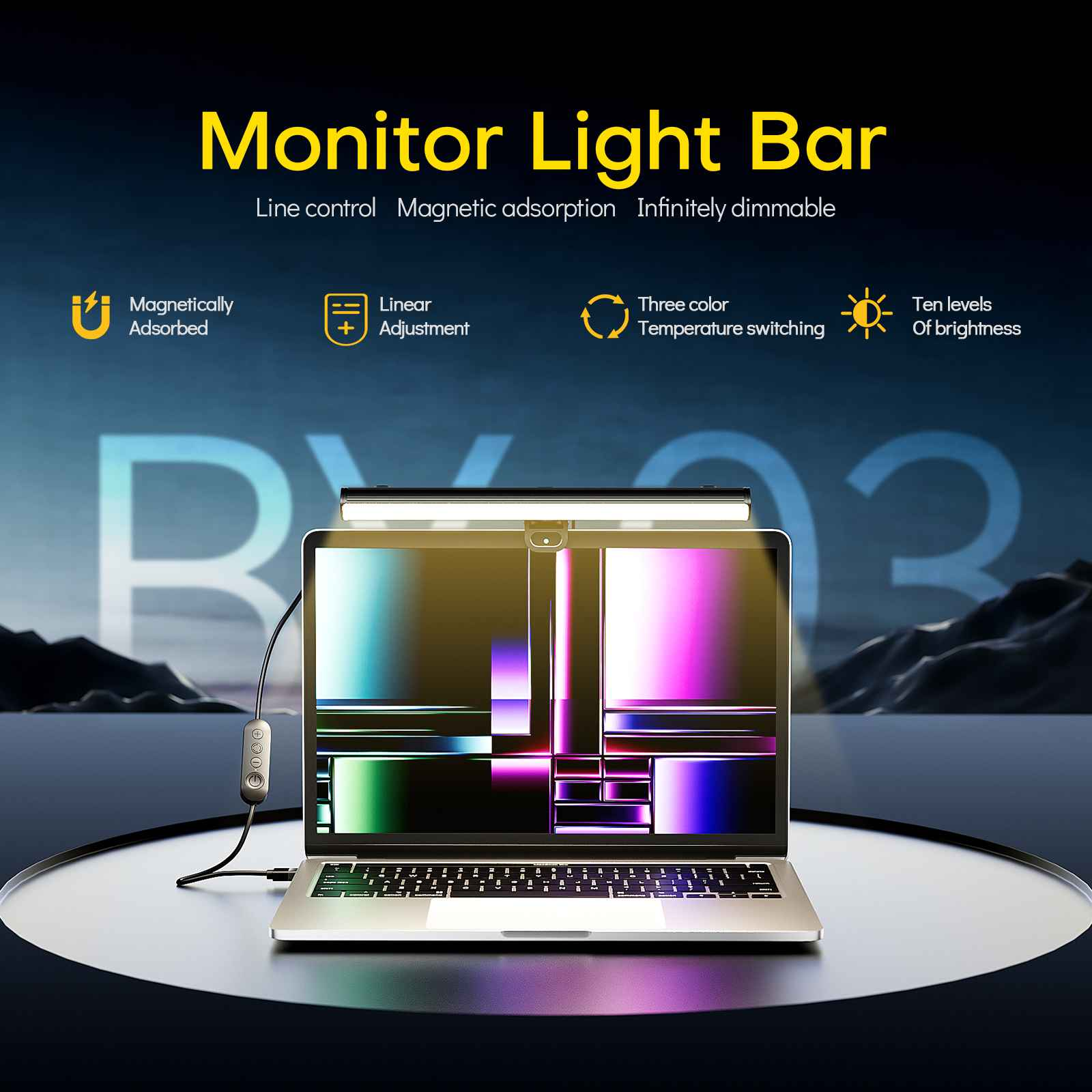 Ein Laptop mit einer Monitor-Lichtleiste. Text: 'Monitor Light Bar'. Merkmale: magnetisch, lineare Anpassung, Farbumschaltung, Helligkeit.