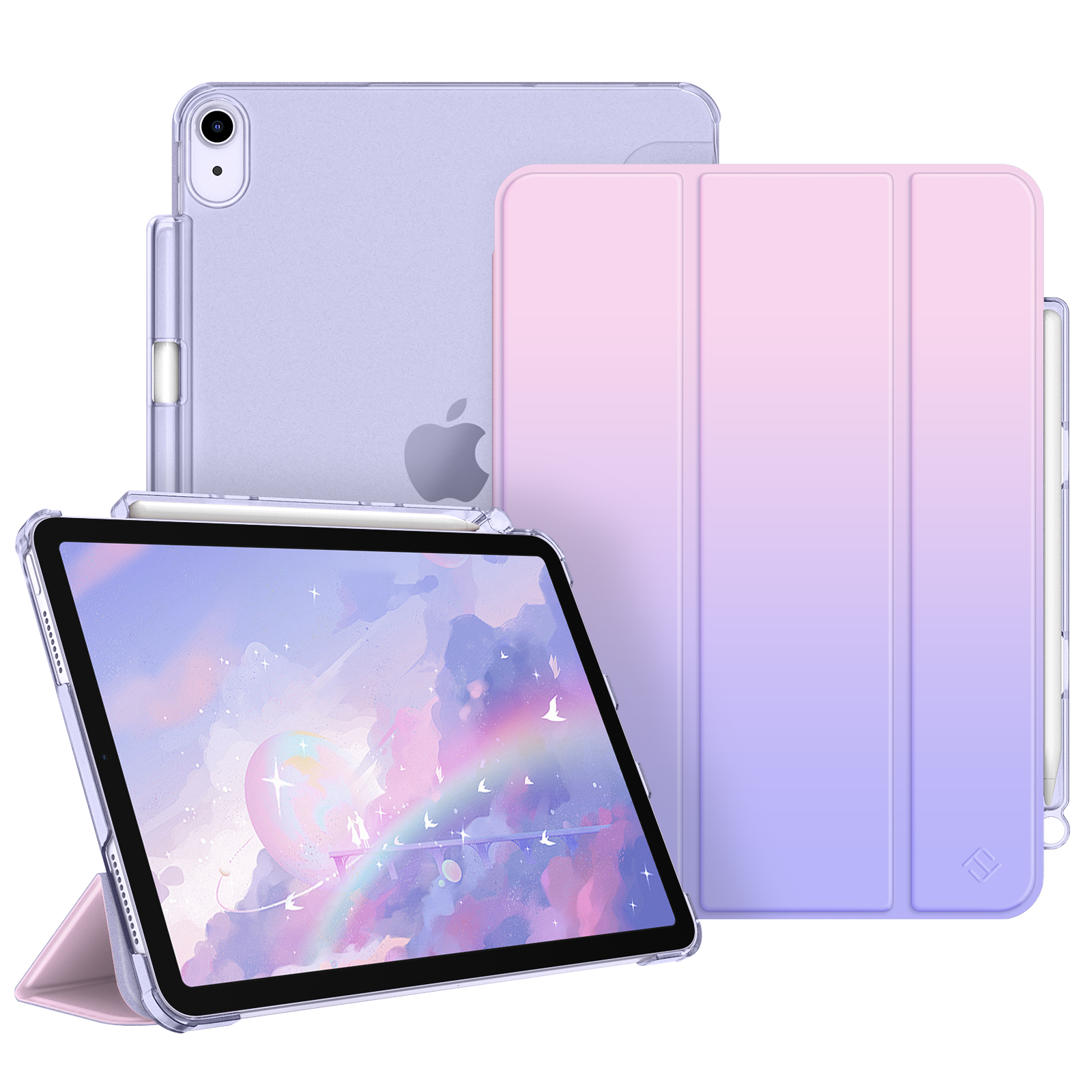 Ein iPad mit Hülle wird angezeigt. Die Hülle ist rosa und lila, mit einer Zeichnung eines Regenbogens auf dem Bildschirm.