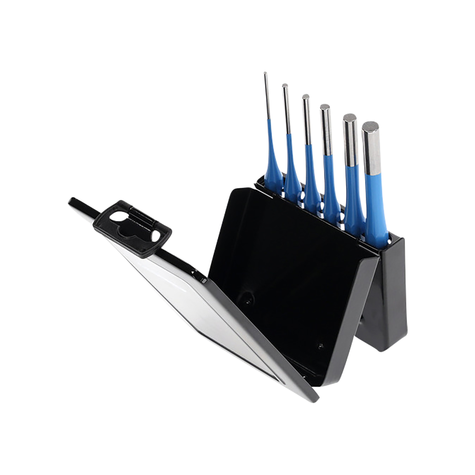 Ein Satz zahnärztlicher Werkzeuge in einem schwarzen Etui, mit blauen Griffen und silbernen Spitzen, auf weißem Grund.