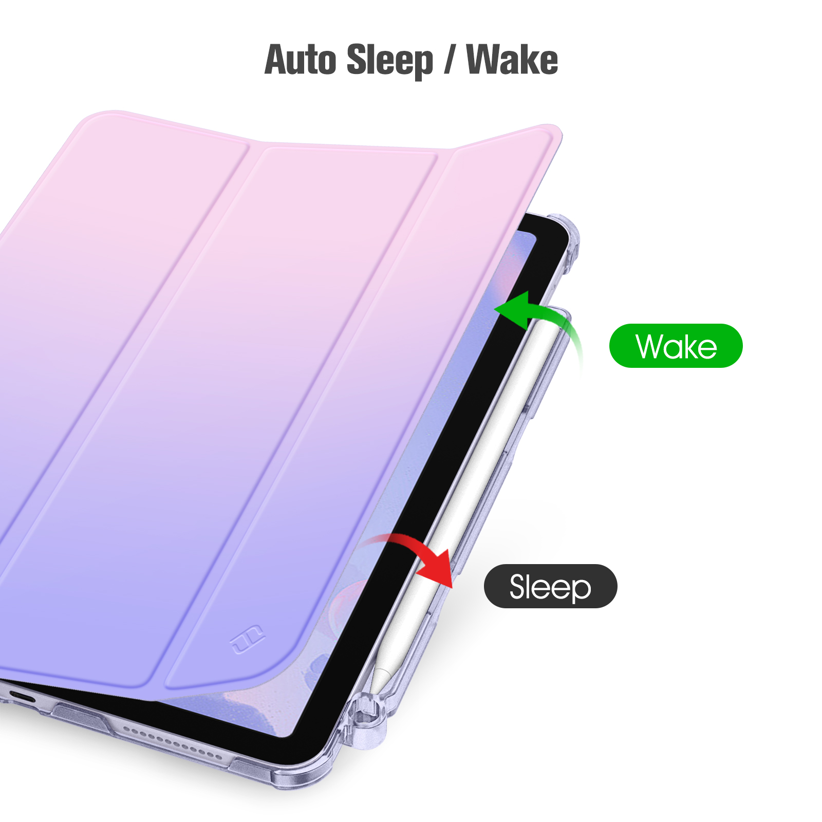 Eine offene Tablethülle. Pfeile zeigen die Funktionen 'Wake' und 'Sleep'. Ein Stift ist sichtbar. Die Hülle hat eine Farbverlauf.