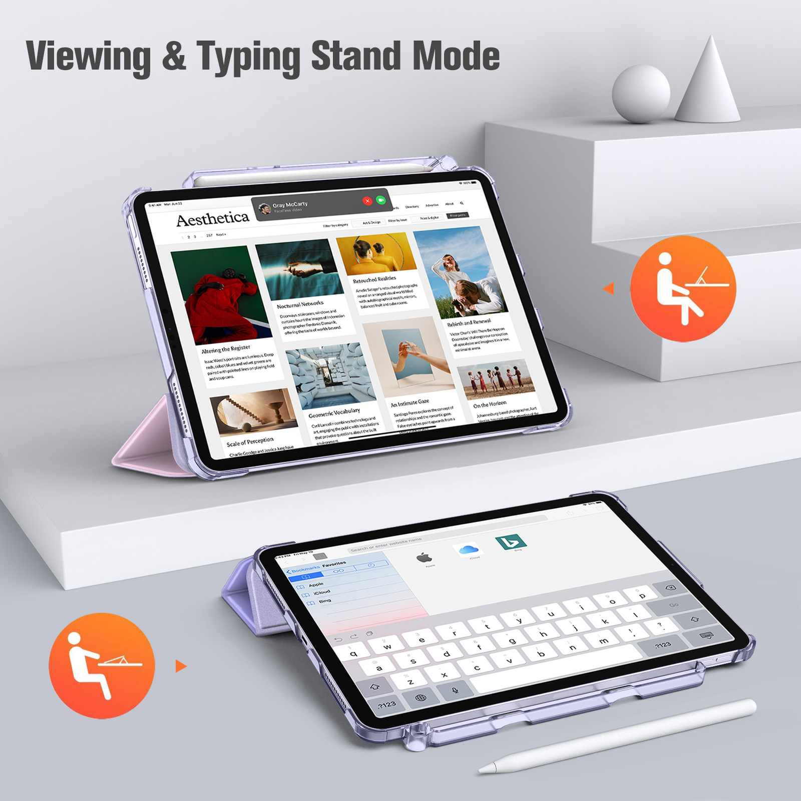 Zwei iPads, eines tippt, eines zeigt eine Website, dargestellt auf einer weißen, stufenartigen Plattform.